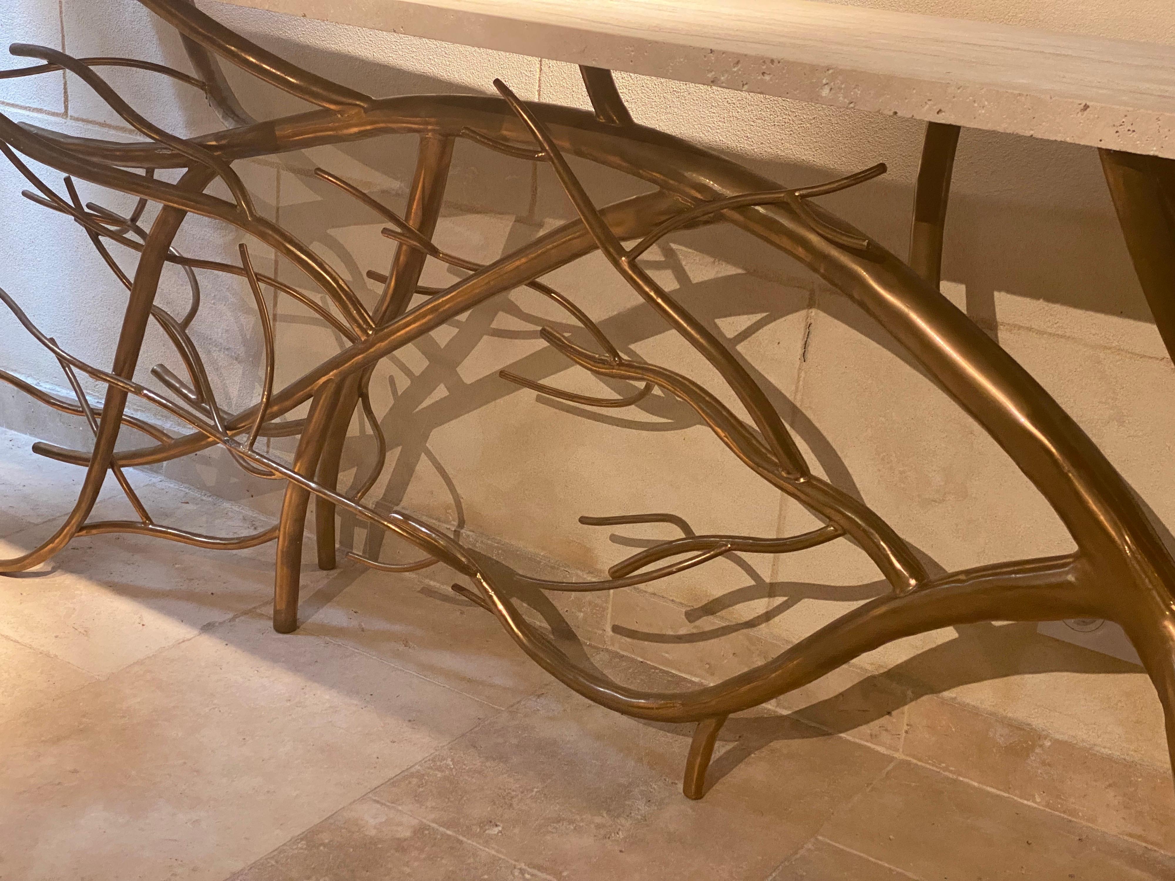 European Long Console Table Branches with Travertine Top