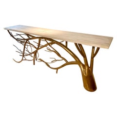 Long Console Table Branches with Travertine Top