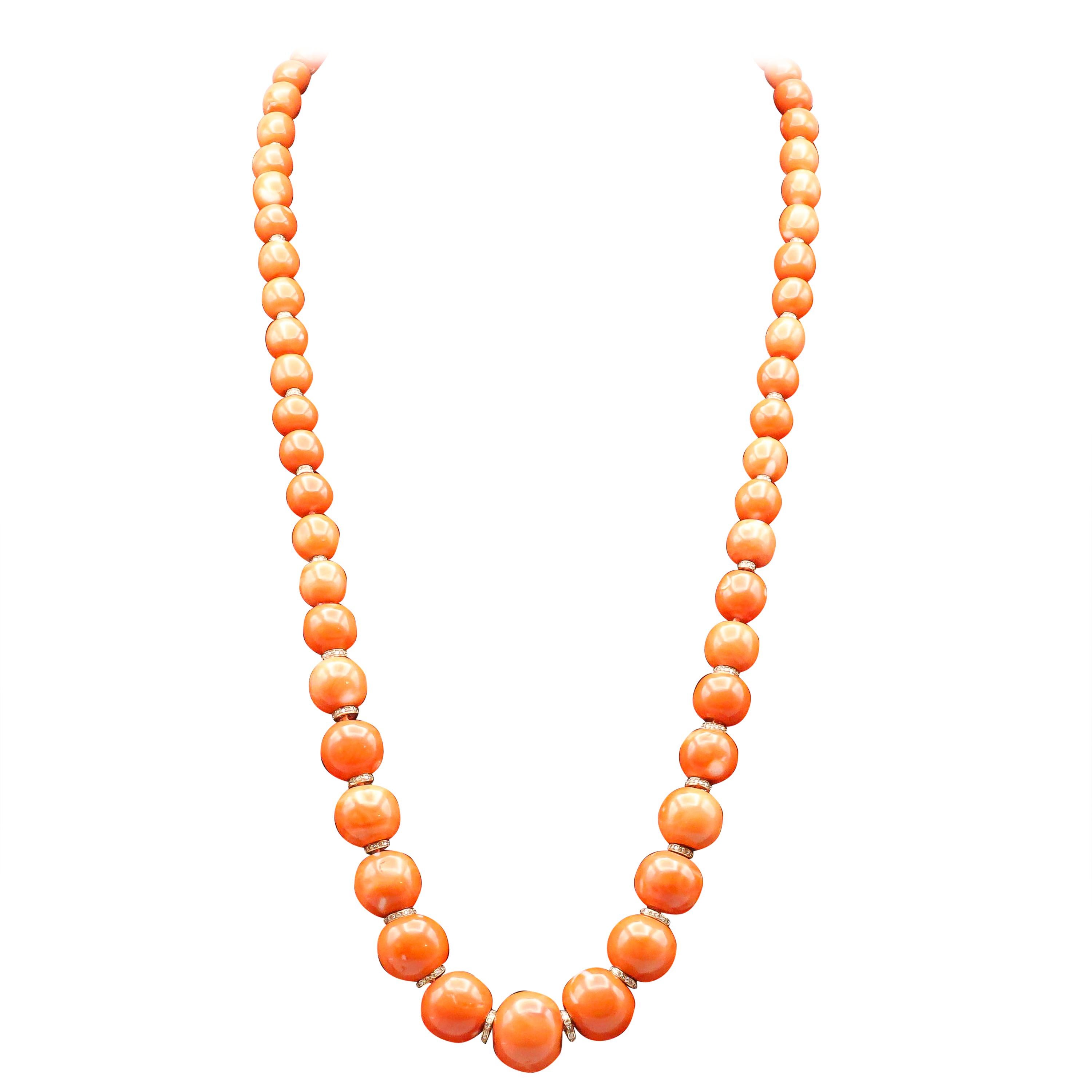 Long Coral Bead Diamond and 18 Karat Gold Necklace