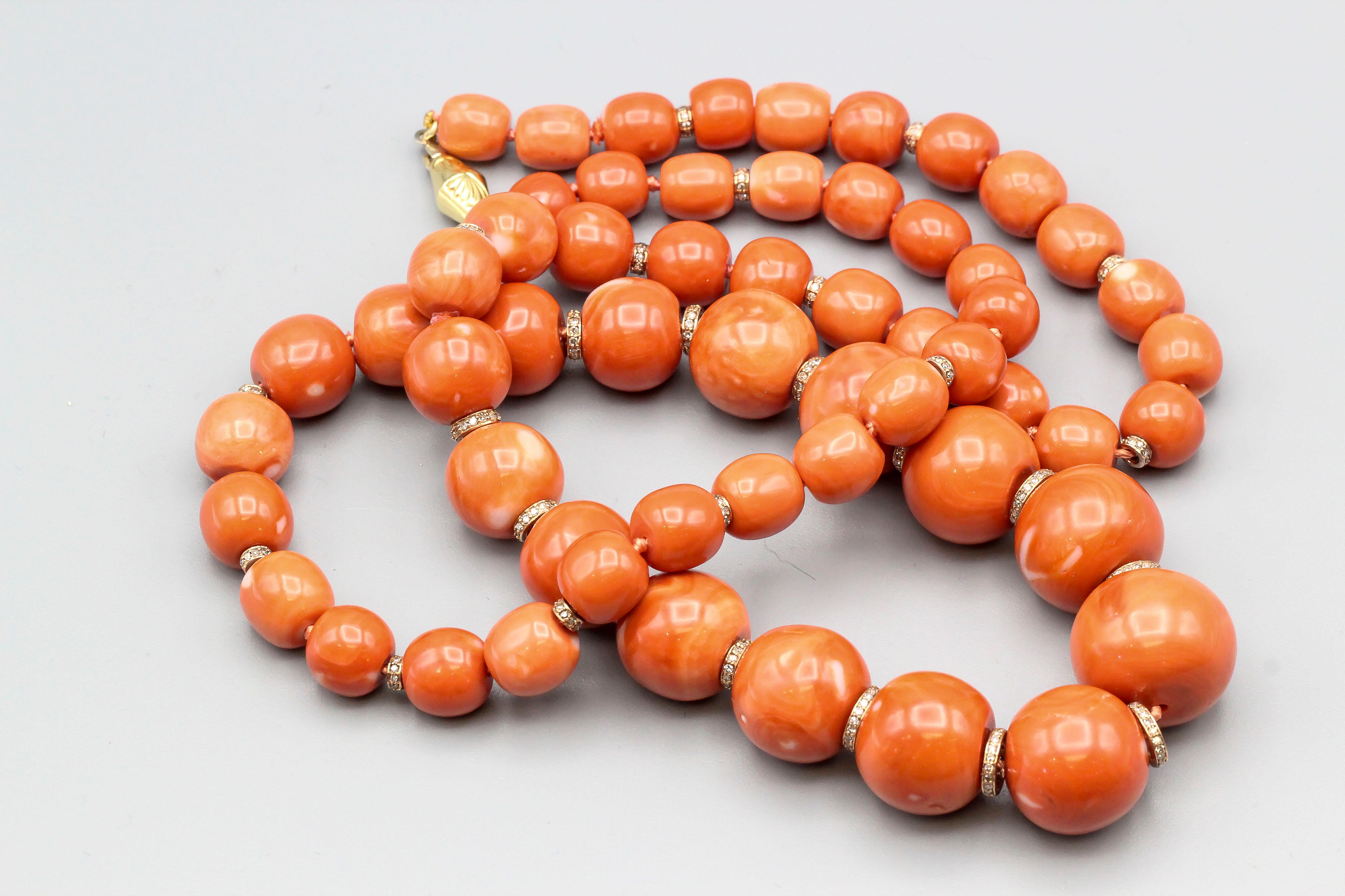 Long Coral Bead Diamond and 18 Karat Gold Necklace In Good Condition In New York, NY