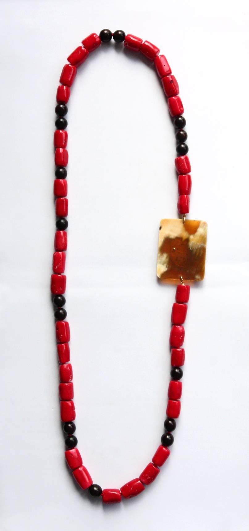 Bead Long Coral Gold Ebony Necklace For Sale