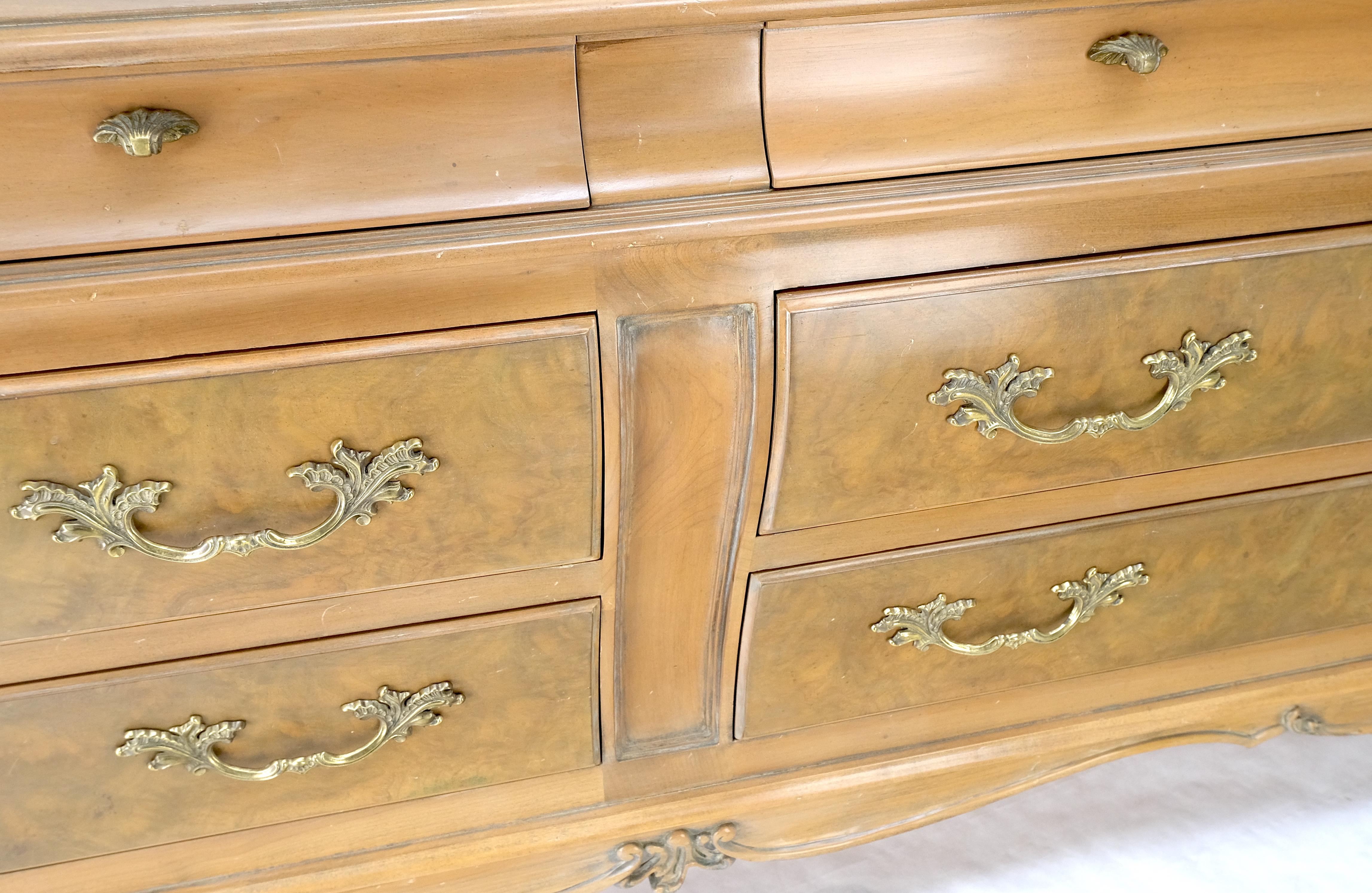 Long Country French Bombe 8 Drawer White Wash Burl Dresser Credenza Solid & Mint For Sale 4