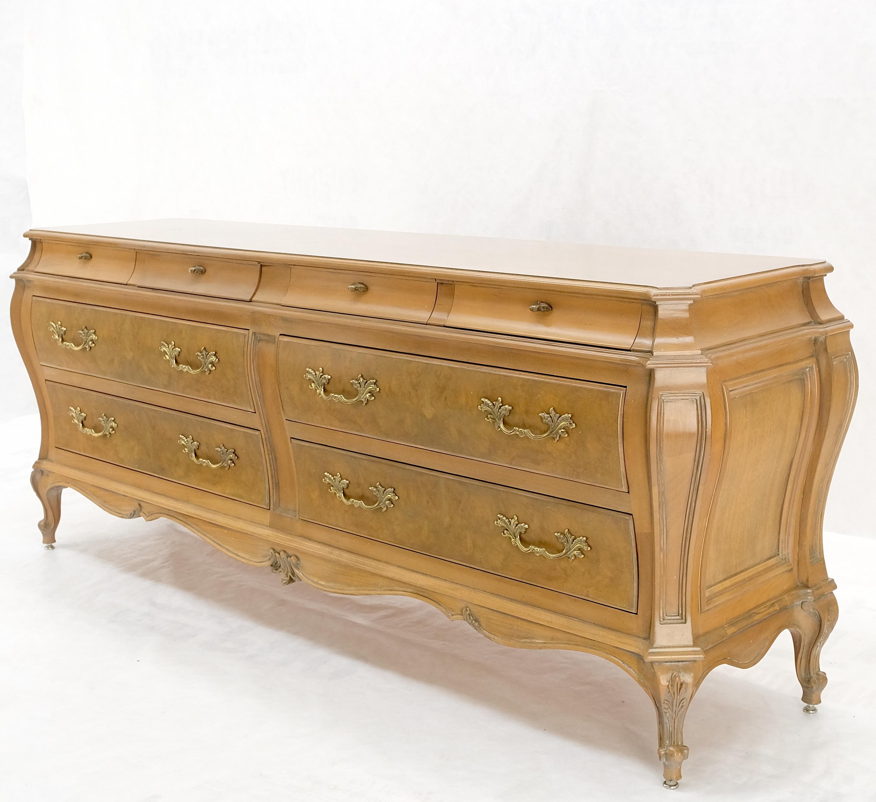 Long Country French Bombe 8 Drawer White Wash Burl Dresser Credenza Solid & Mint For Sale 5