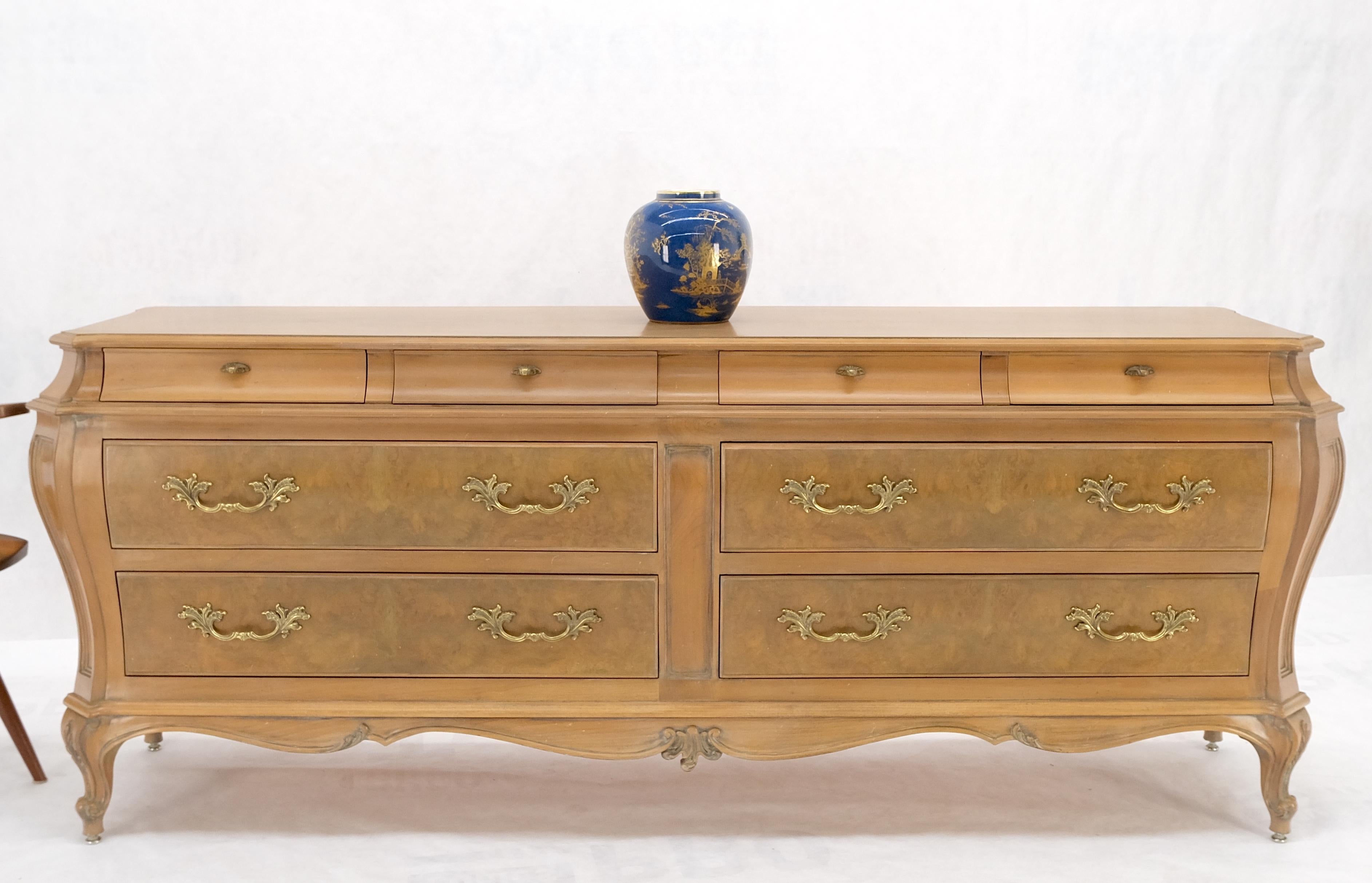 Long Country French Bombe 8 Drawer White Wash Burl Dresser Credenza Solid & Mint For Sale 5