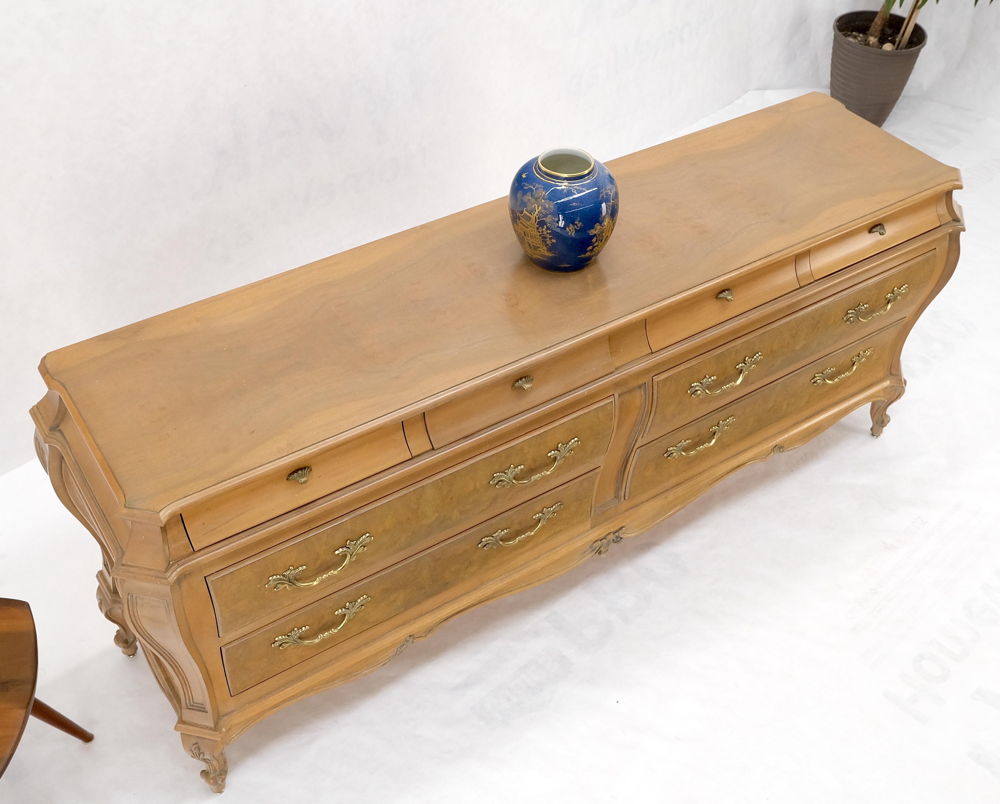 Long Country French Bombe 8 Drawer White Wash Burl Dresser Credenza Solid & Mint For Sale 6