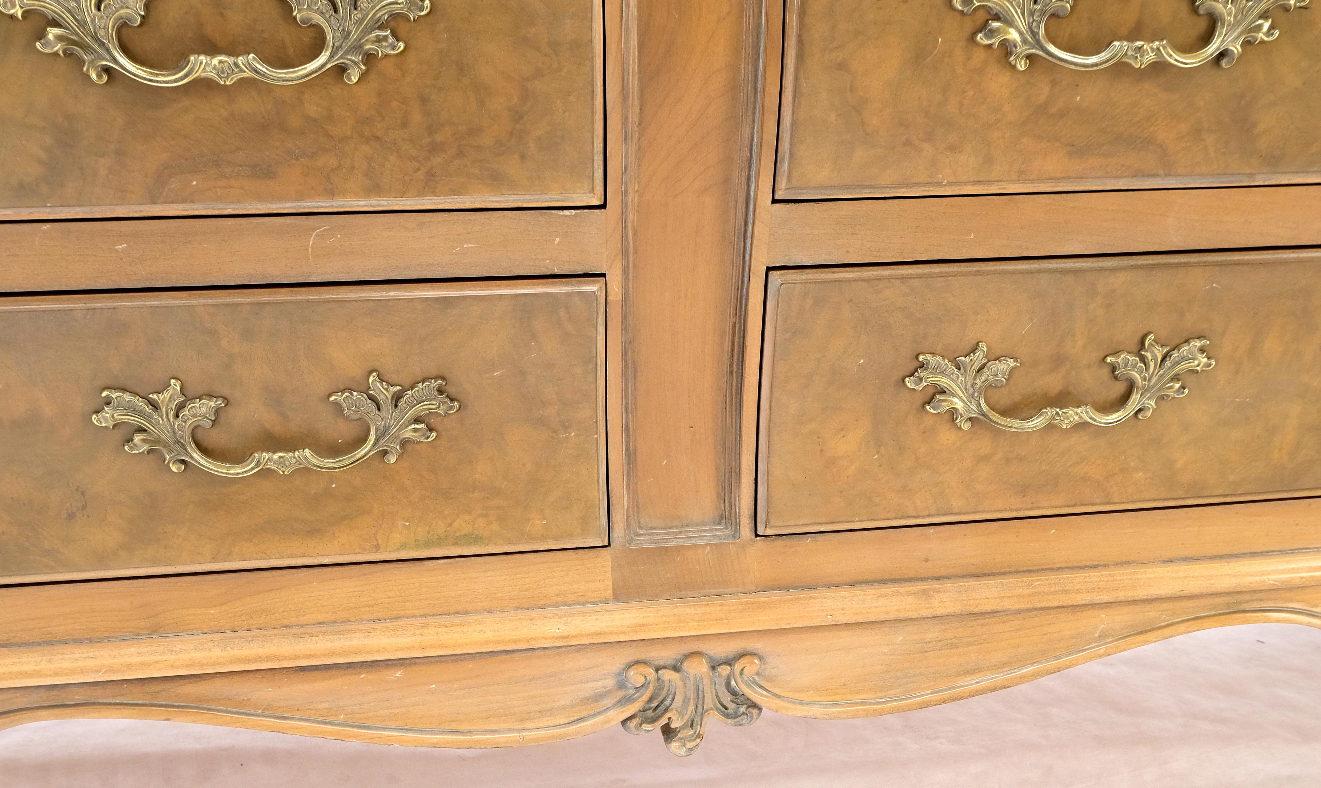 Brass Long Country French Bombe 8 Drawer White Wash Burl Dresser Credenza Solid & Mint For Sale