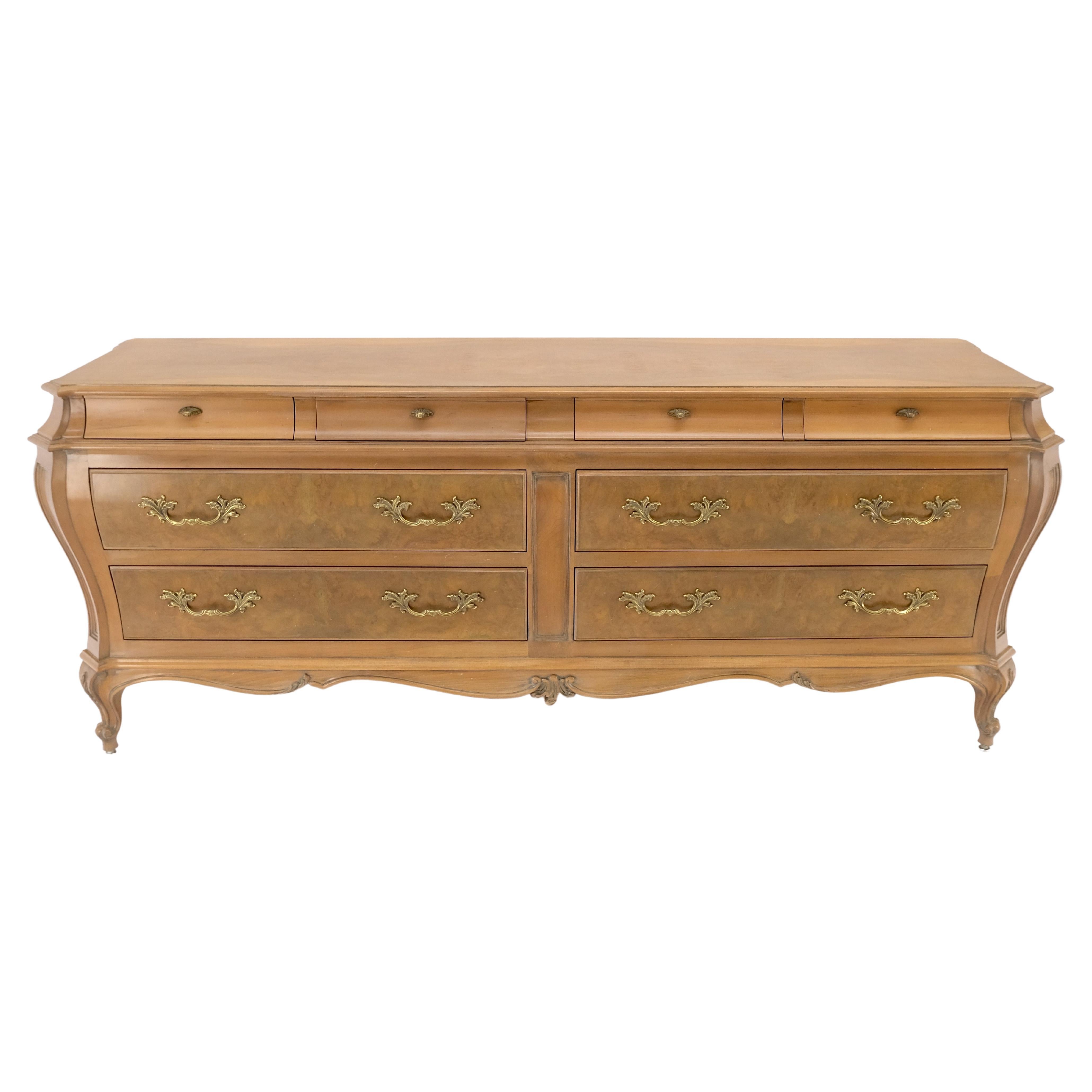 Long Country French Bombe 8 Drawer White Wash Burl Dresser Credenza Solid & Mint For Sale