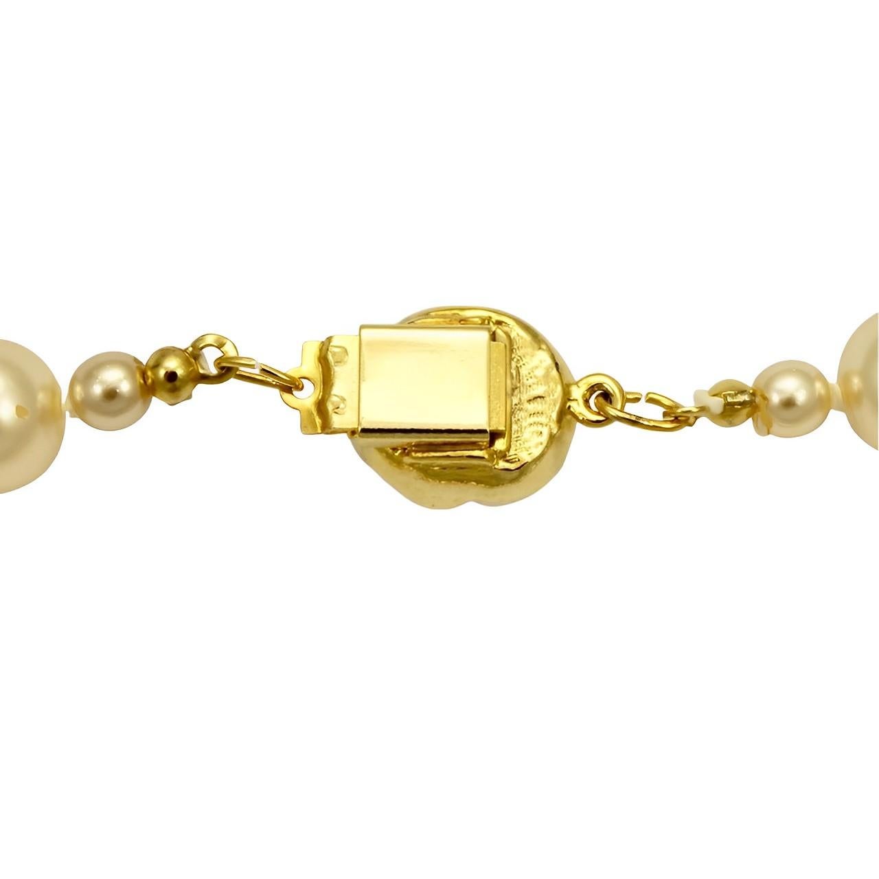 Round Cut Long Cream Glass Pearl Necklace with a Gold Plated and Pearl Clasp For Sale