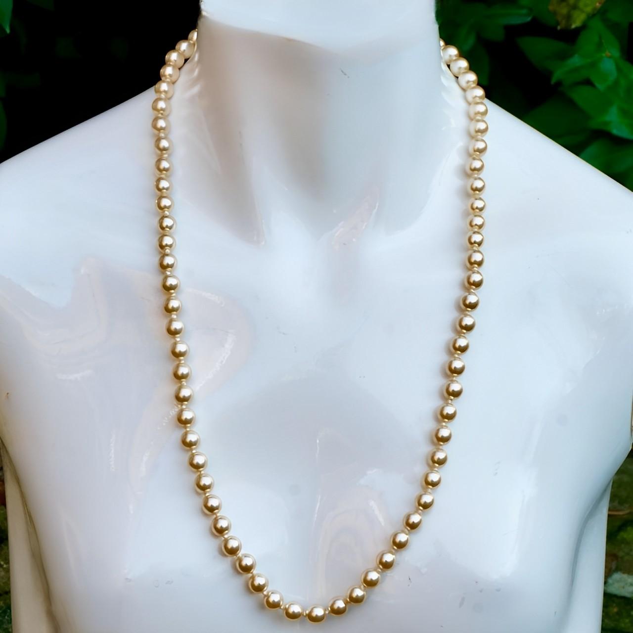 Women's or Men's Long Cream Glass Pearl Necklace with a Gold Plated and Pearl Clasp For Sale