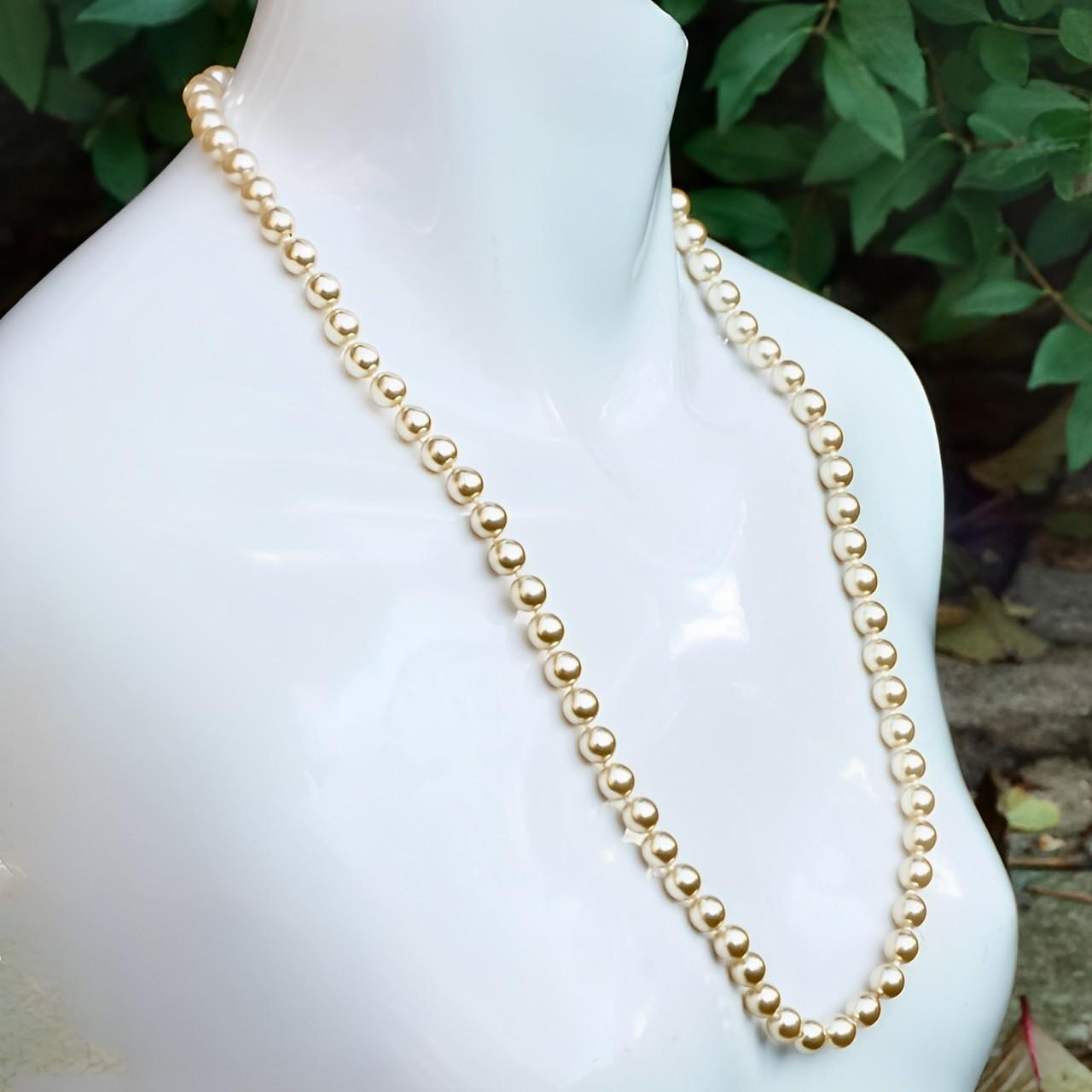 Long Cream Glass Pearl Necklace with a Gold Plated and Pearl Clasp For Sale 1