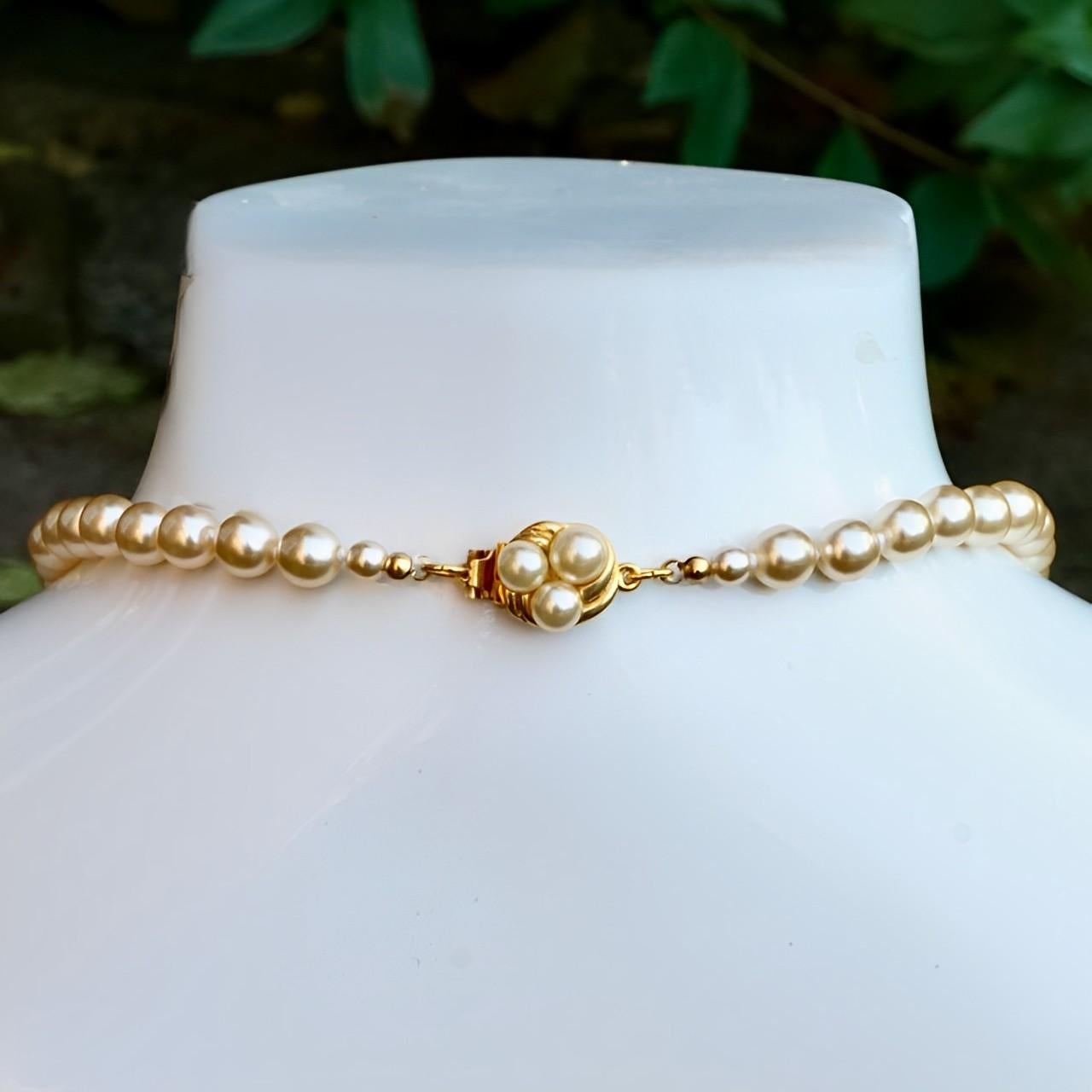 Long Cream Glass Pearl Necklace with a Gold Plated and Pearl Clasp For Sale 2
