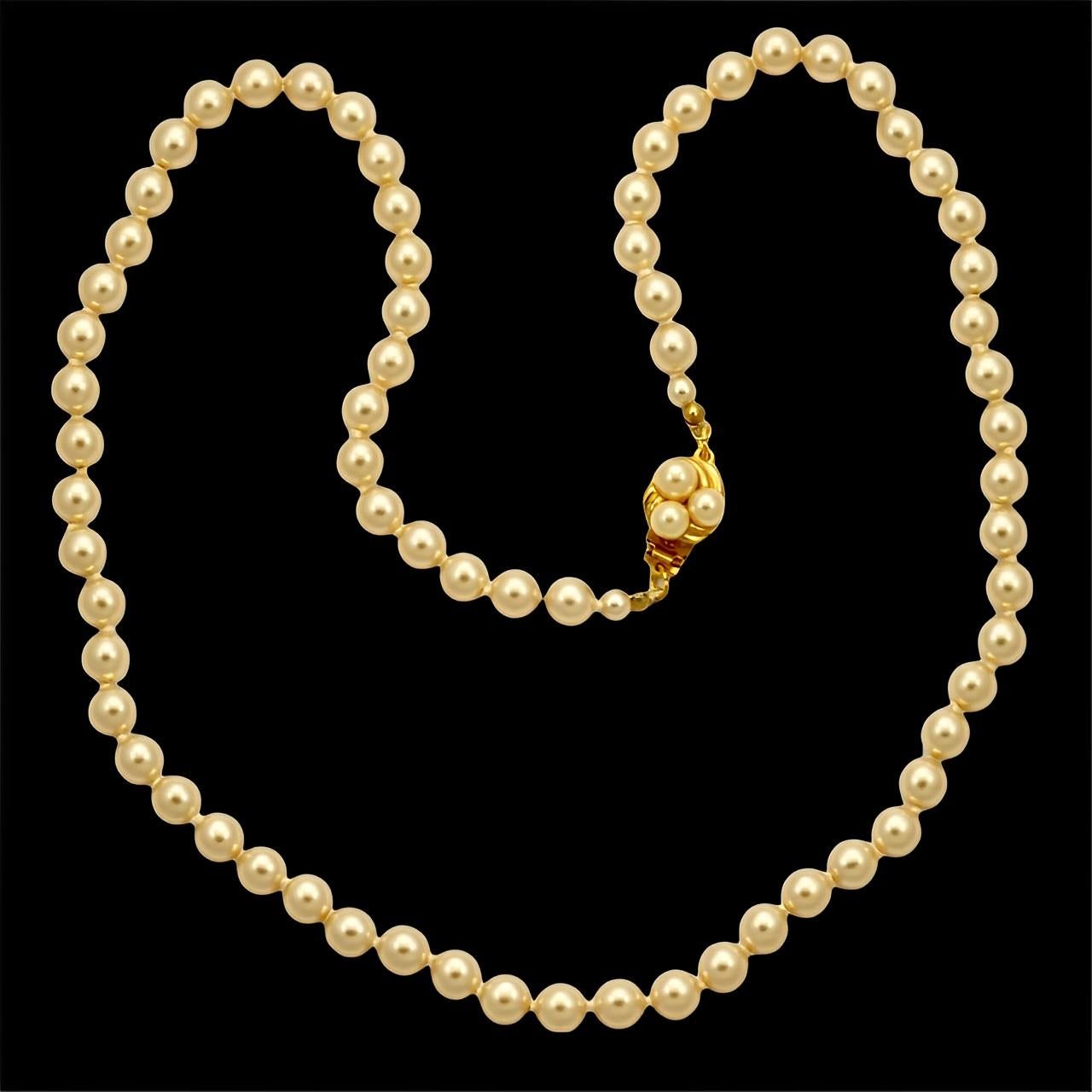 Long Cream Glass Pearl Necklace with a Gold Plated and Pearl Clasp For Sale 3