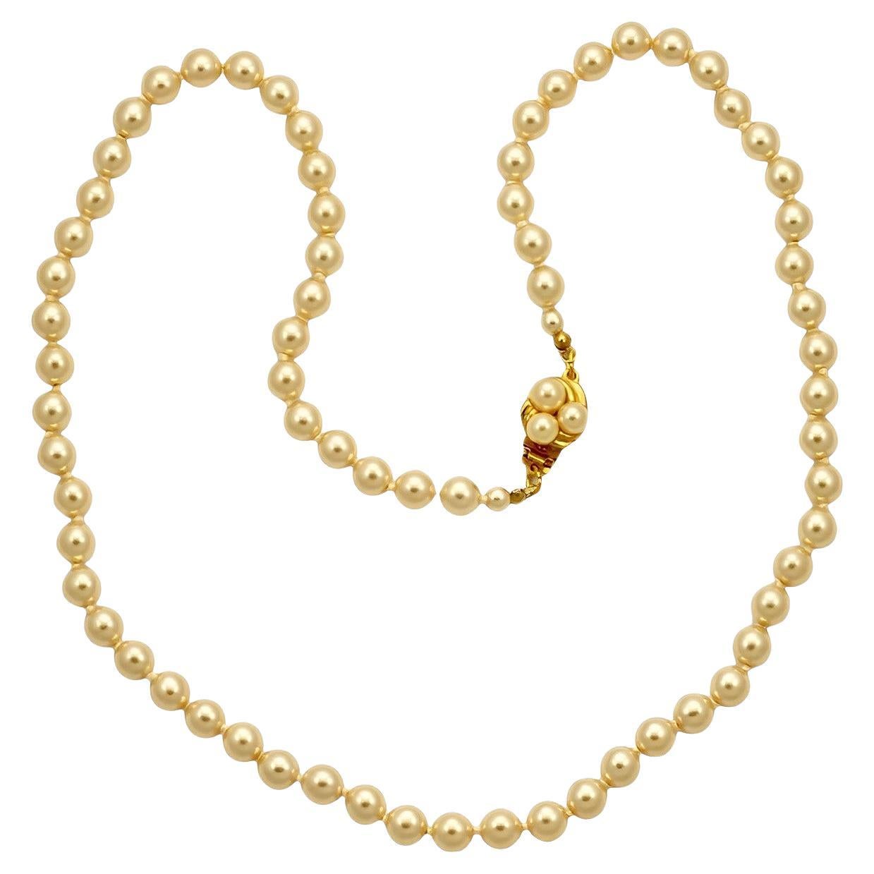 Long Cream Glass Pearl Necklace with a Gold Plated and Pearl Clasp For Sale