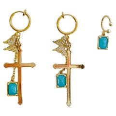 Long Cross Crystals Butterfly Sapphire Blue Cuff Gold Drop Clip On Earrings