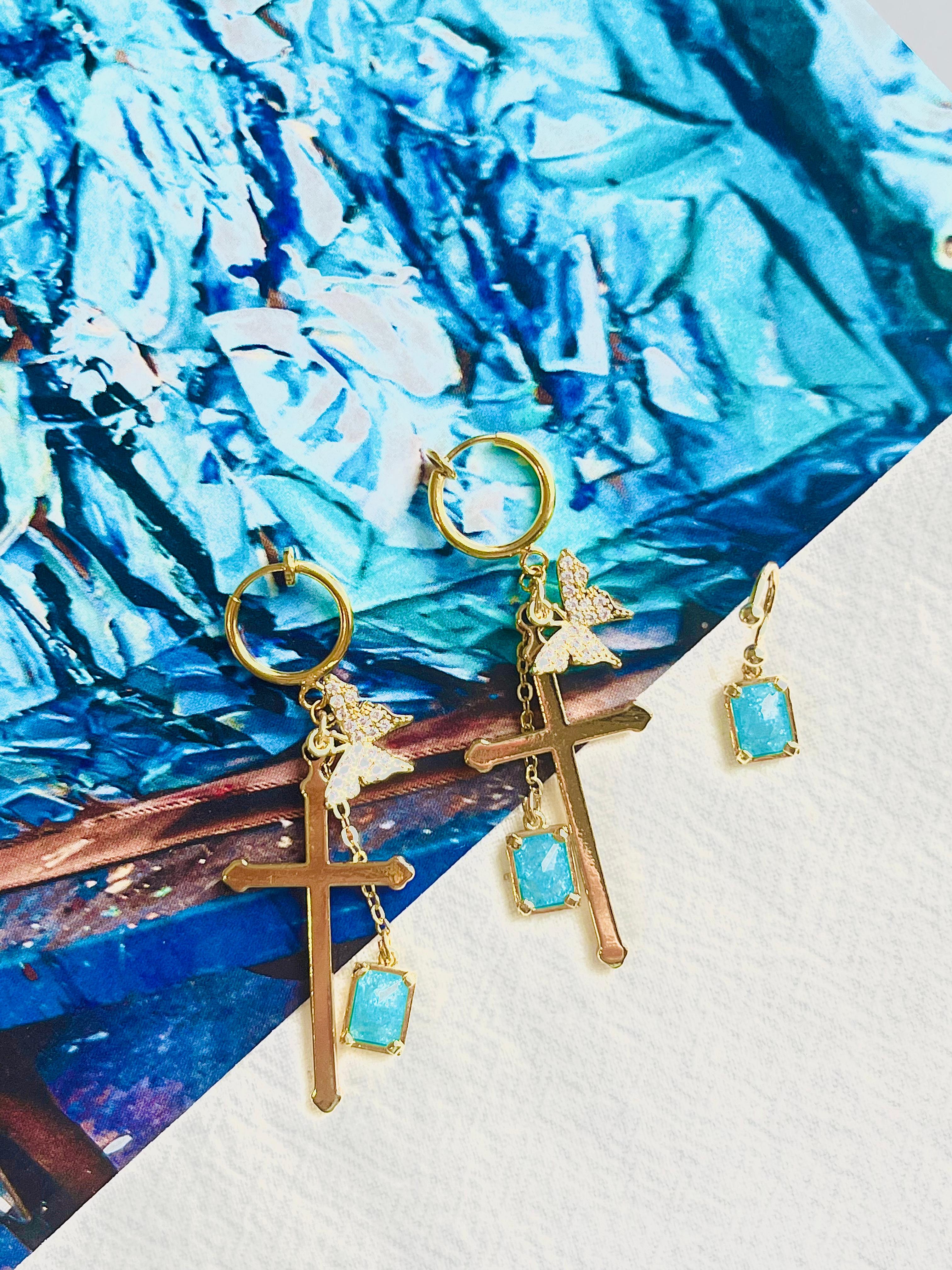 Art Deco Long Cross Crystals Butterfly Sapphire Blue Cuff Gold Drop Clip On Earrings For Sale