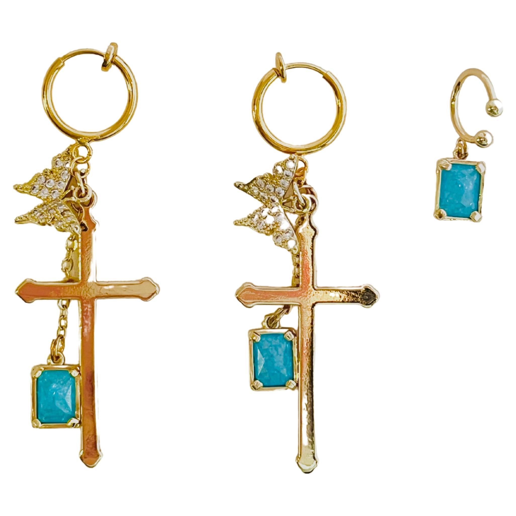 Longues boucles d'oreilles à clip en cristal de croix, papillon, saphir, bleu et or