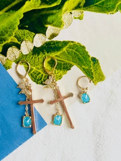 Long Cross Crystals Butterfly Sapphire Blue Cuff Gold Drop Pierced Earrings