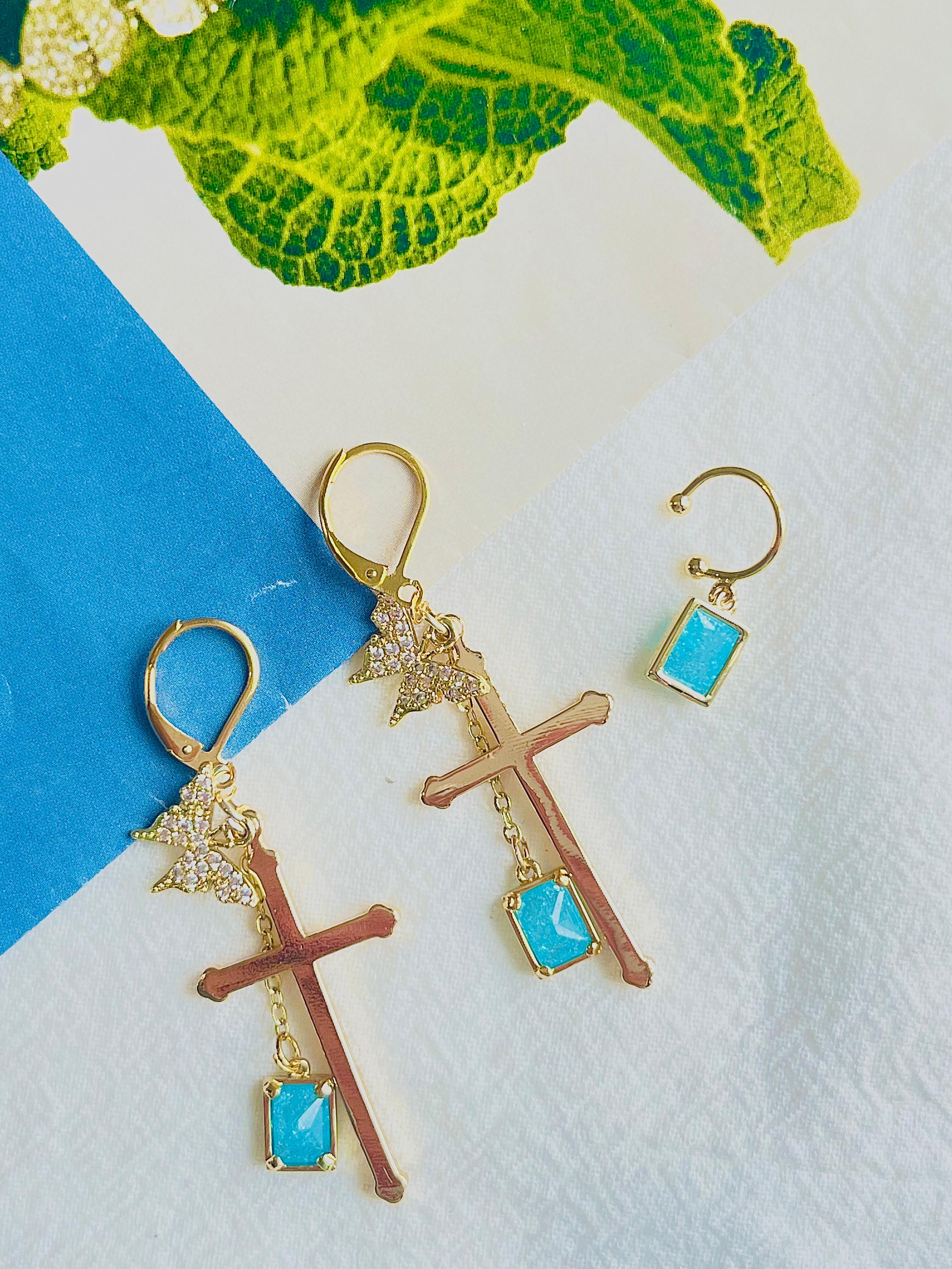 Long Cross Crystals Butterfly Sapphire Blue Cuff Gold Drop Pierced Earrings In New Condition For Sale In Wokingham, England