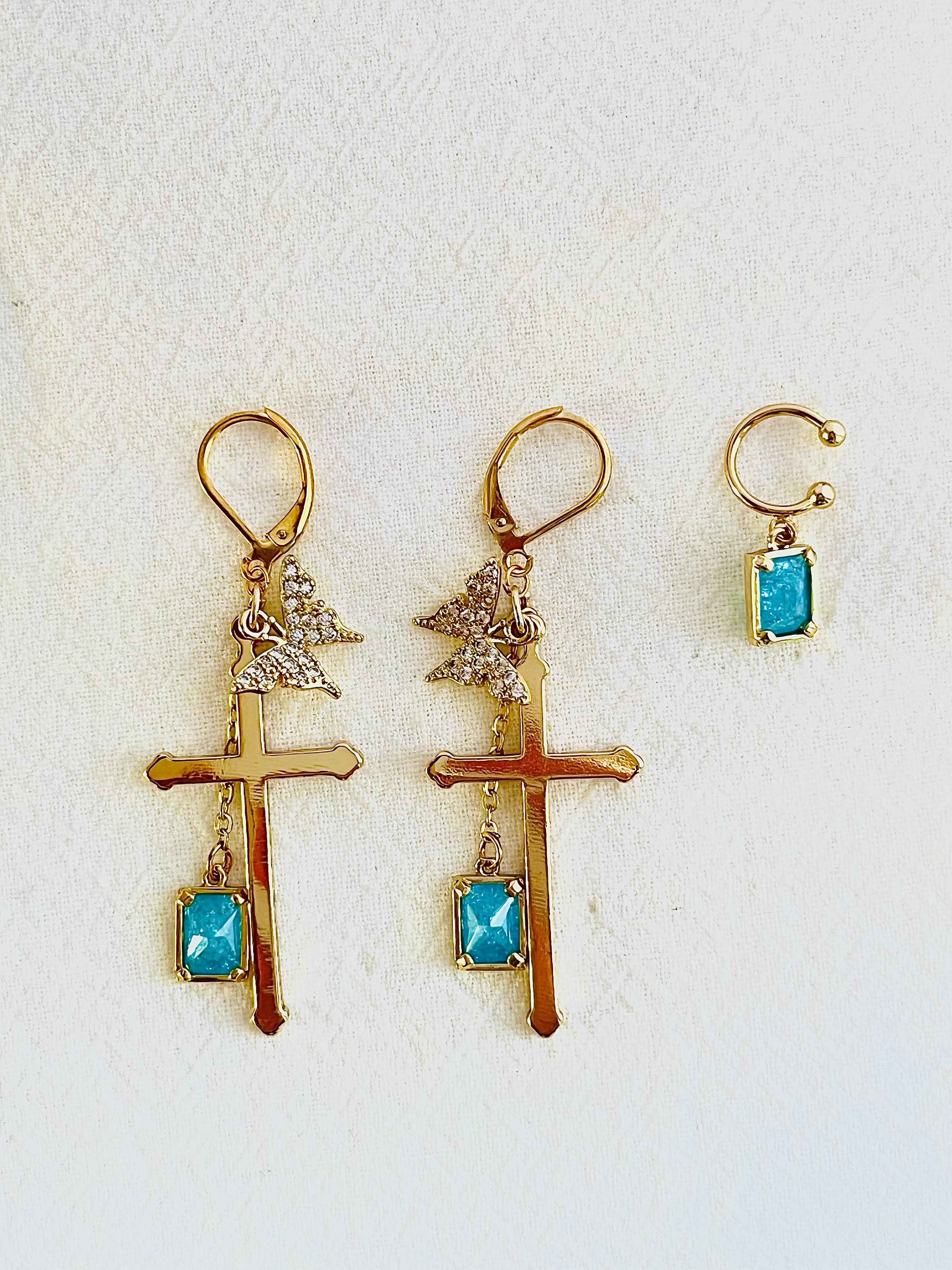Long Cross Crystals Butterfly Sapphire Blue Cuff Gold Drop Pierced Earrings For Sale 1