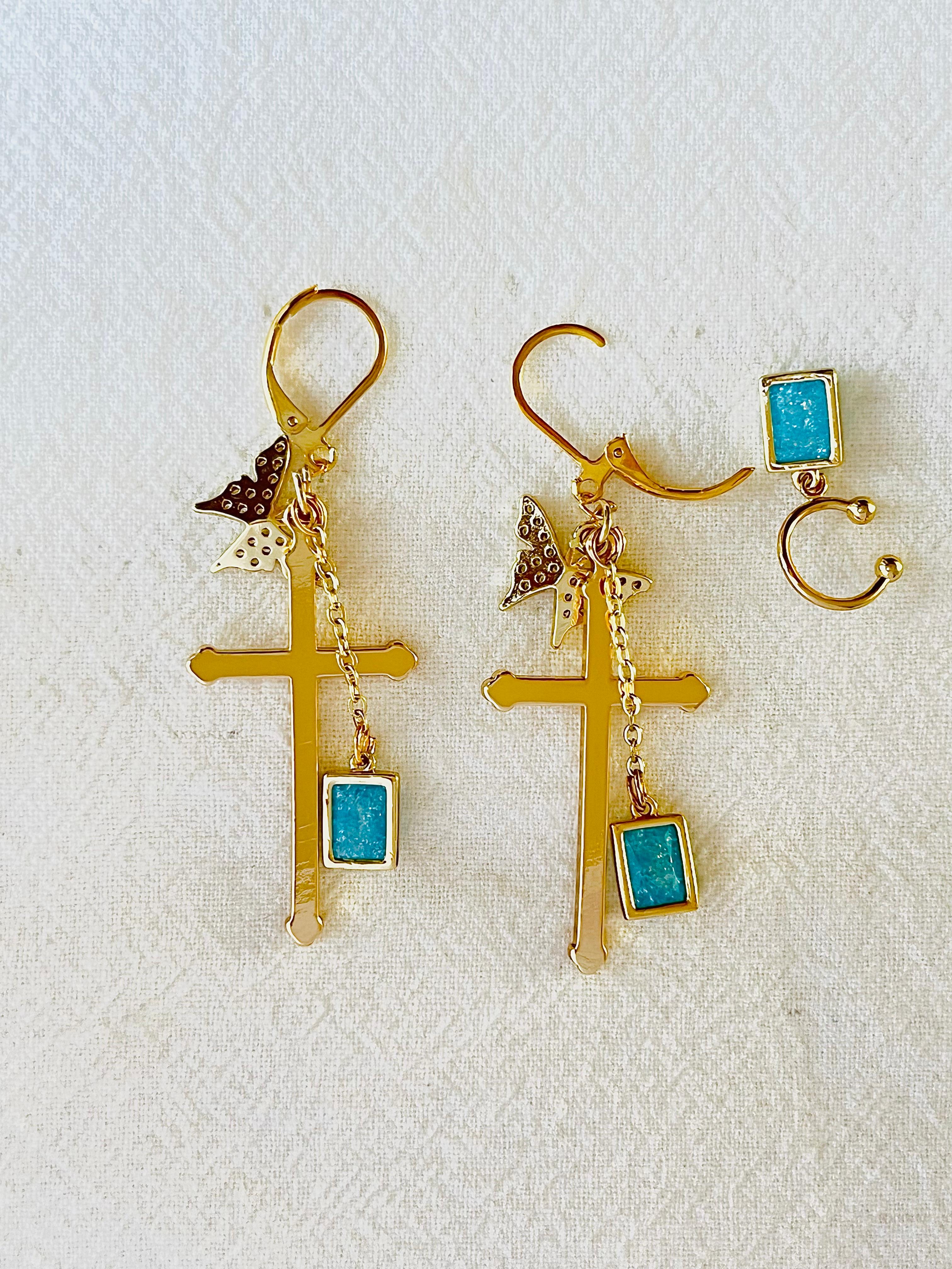 Long Cross Crystals Butterfly Sapphire Blue Cuff Gold Drop Pierced Earrings For Sale 2