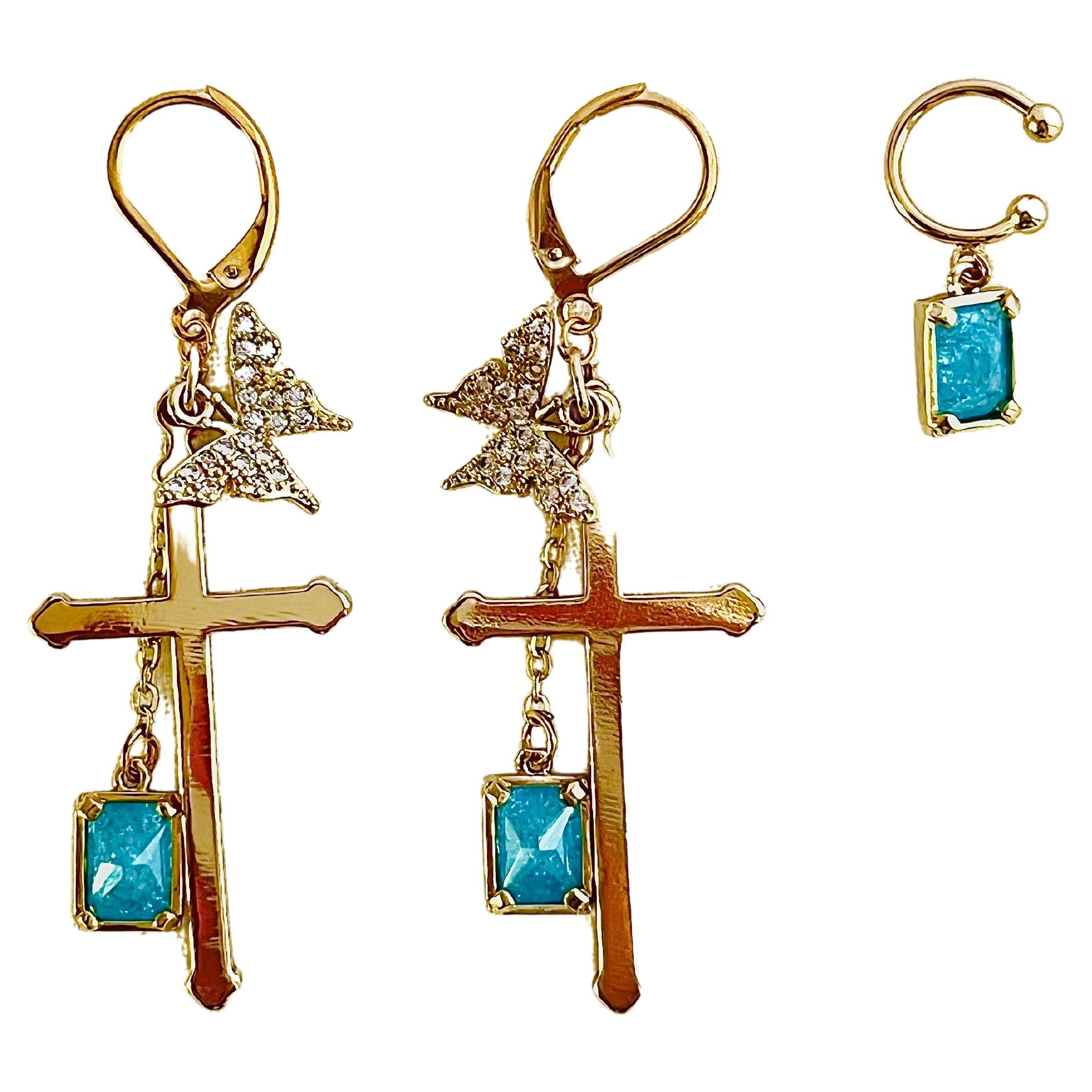 Long Cross Crystals Butterfly Sapphire Blue Cuff Gold Drop Pierced Earrings