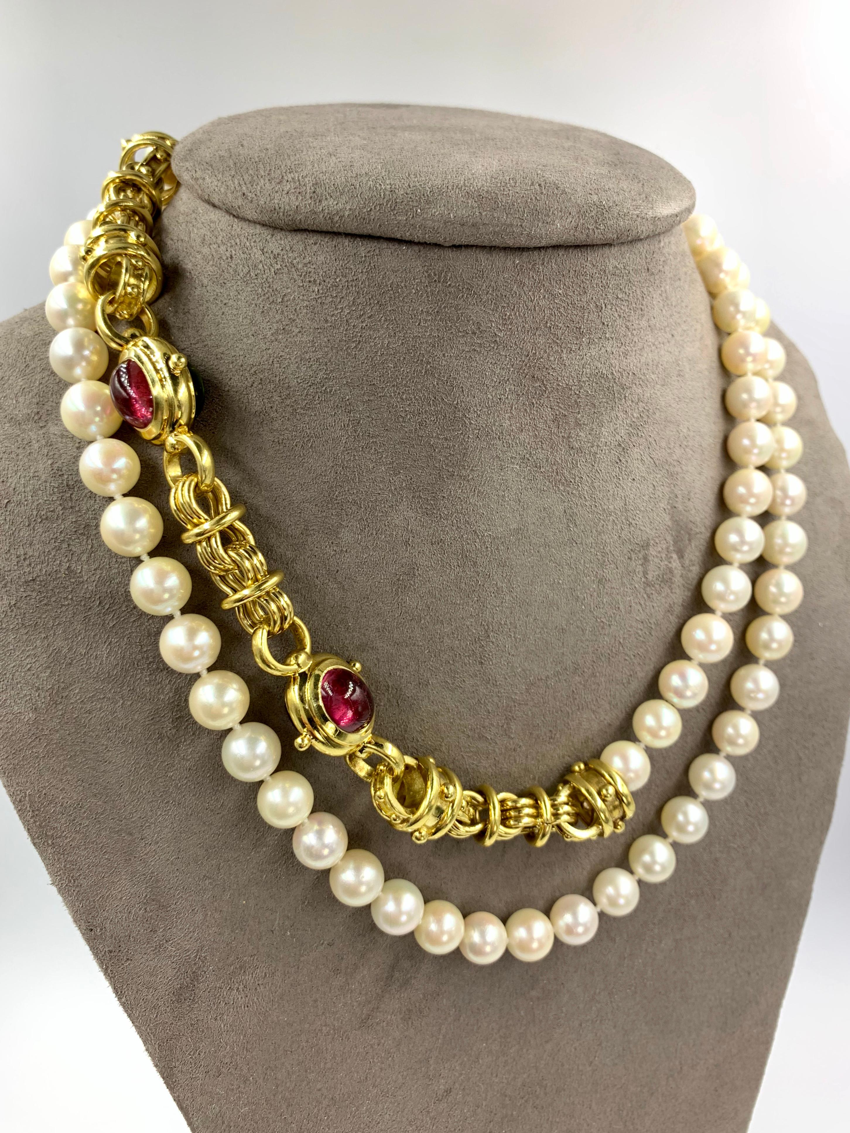 Long Cultured Pearl Necklace with Detachable 18 Karat Gemstone Bracelet 6