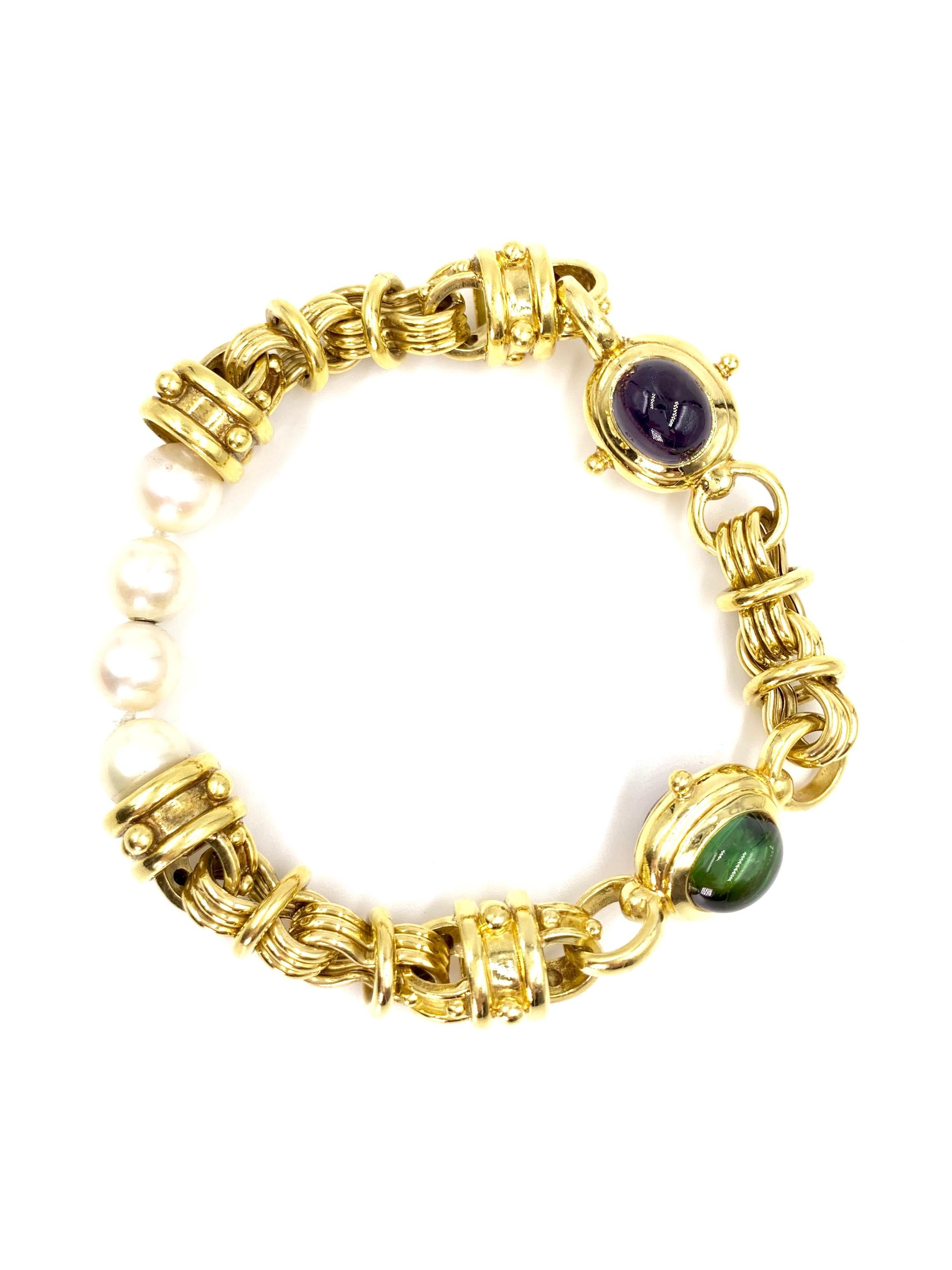 Long Cultured Pearl Necklace with Detachable 18 Karat Gemstone Bracelet 2