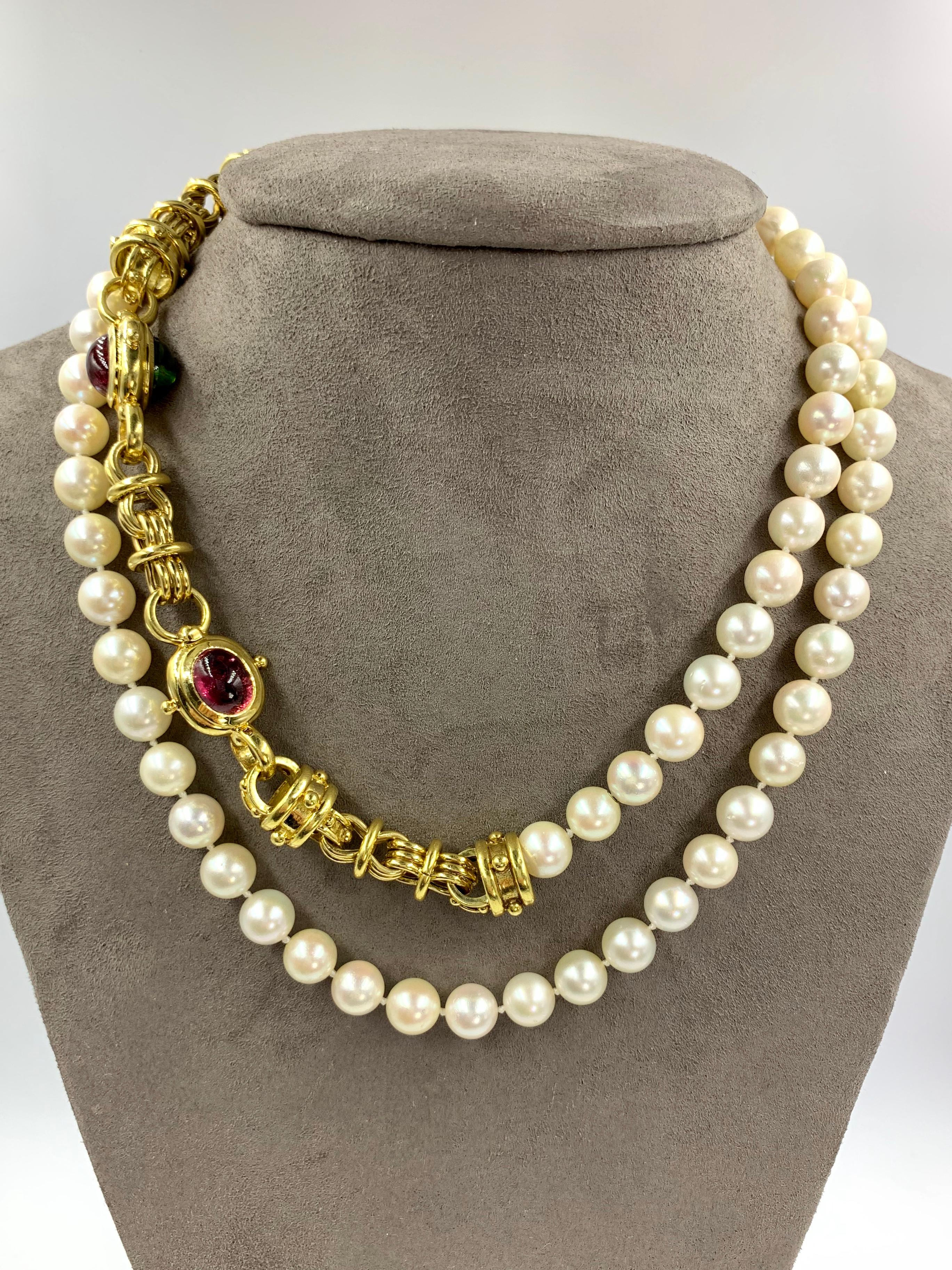 Long Cultured Pearl Necklace with Detachable 18 Karat Gemstone Bracelet 5