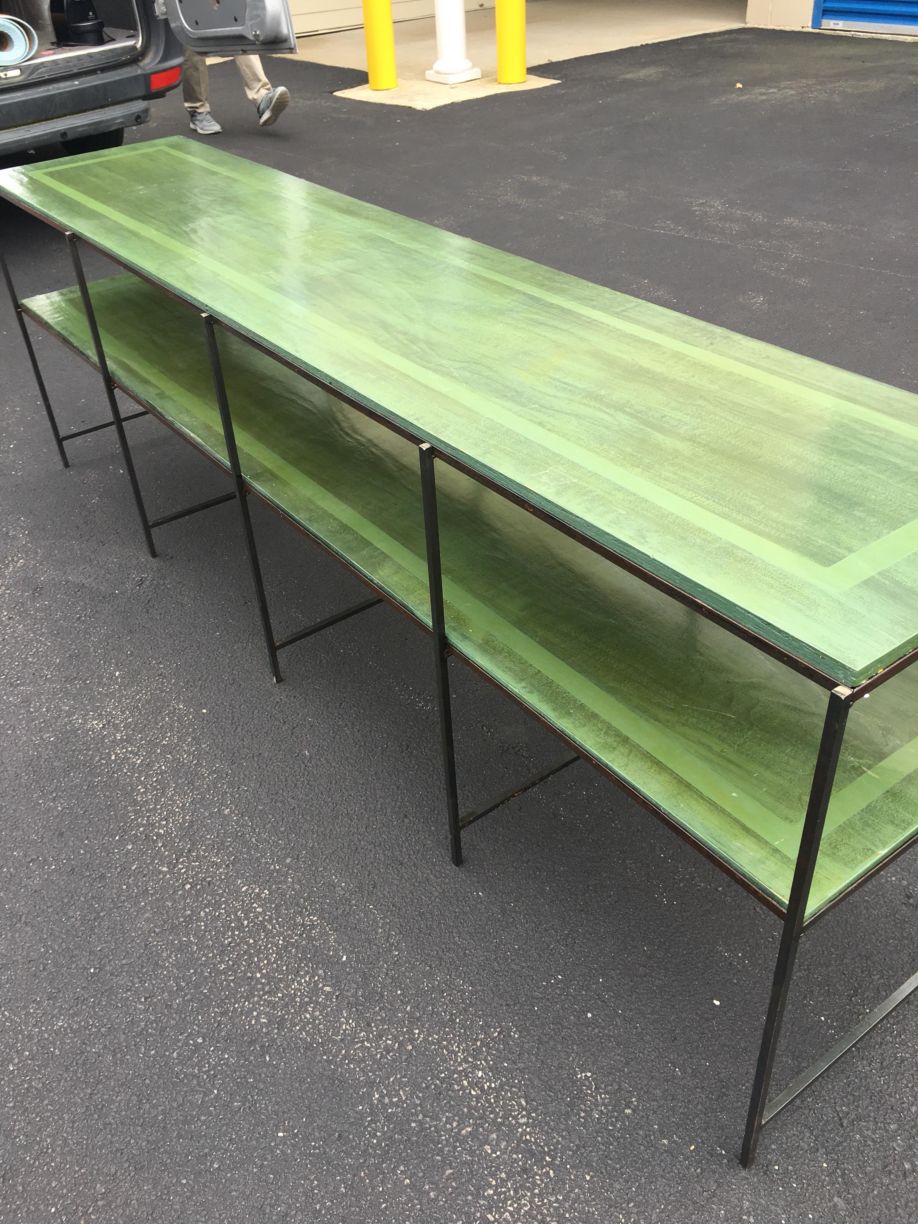 Long Custom Iron Tiered Table with Painted Green Top 2