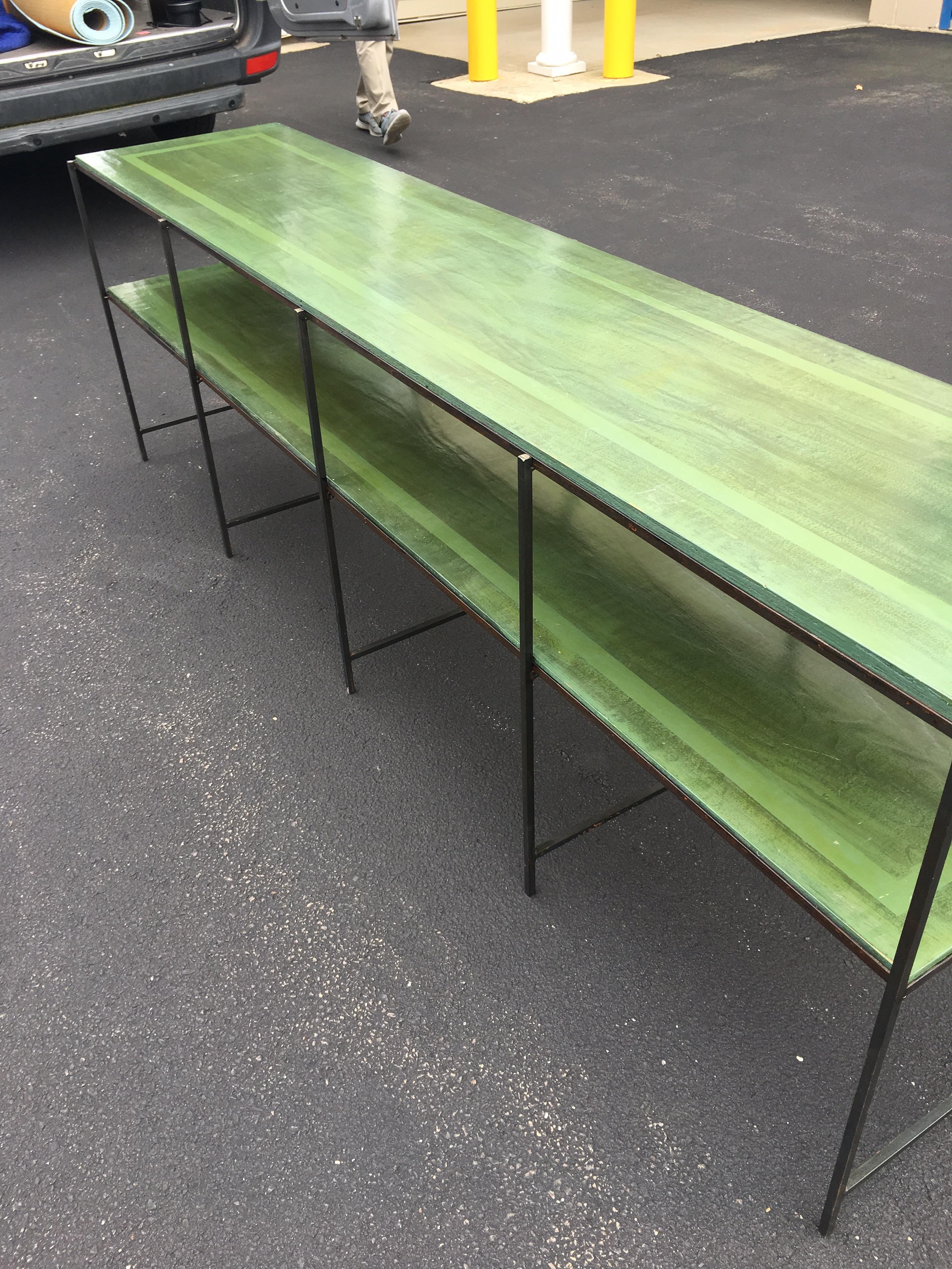 Long Custom Iron Tiered Table with Painted Green Top 3