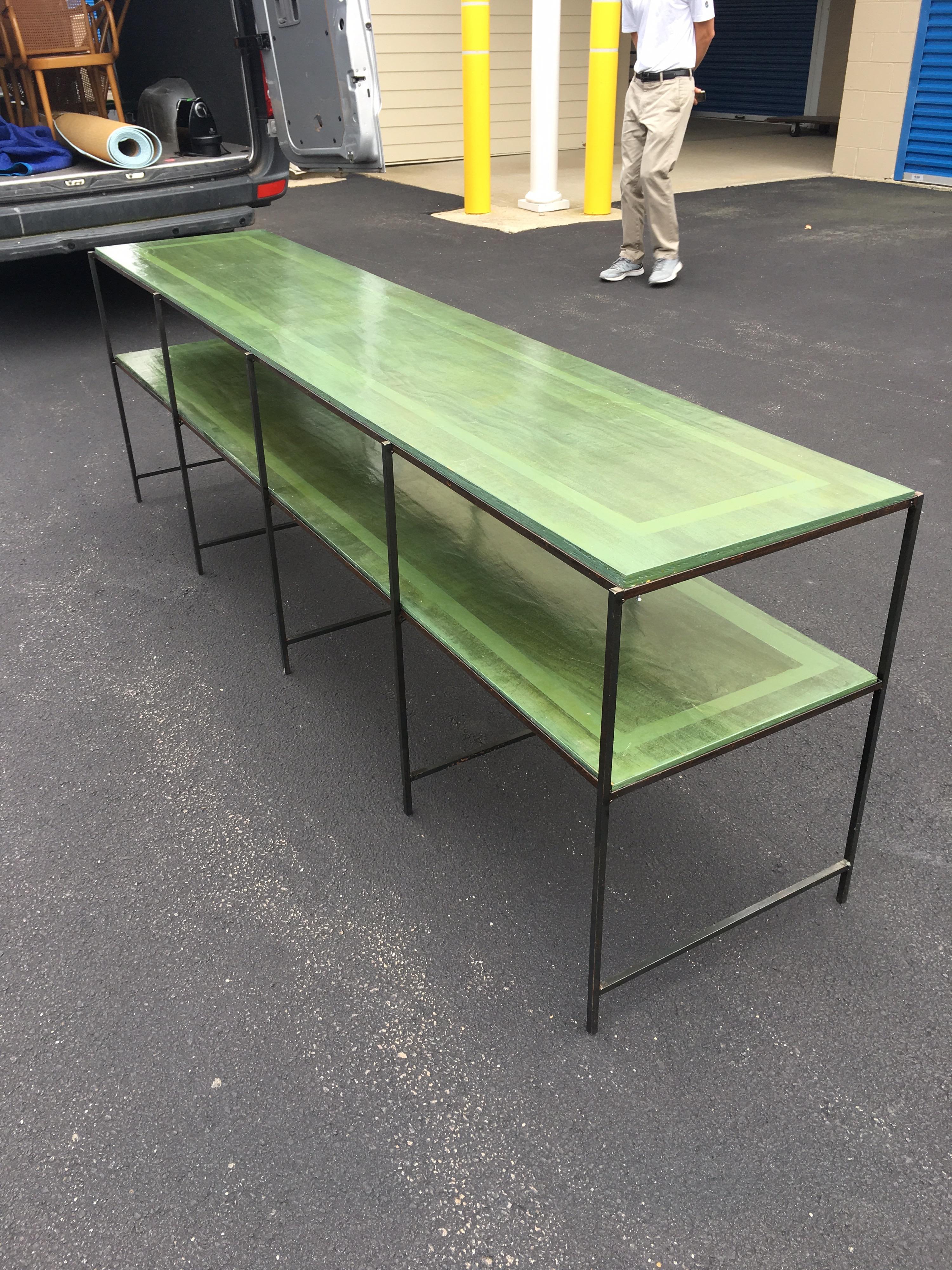 Long Custom Iron Tiered Table with Painted Green Top 4
