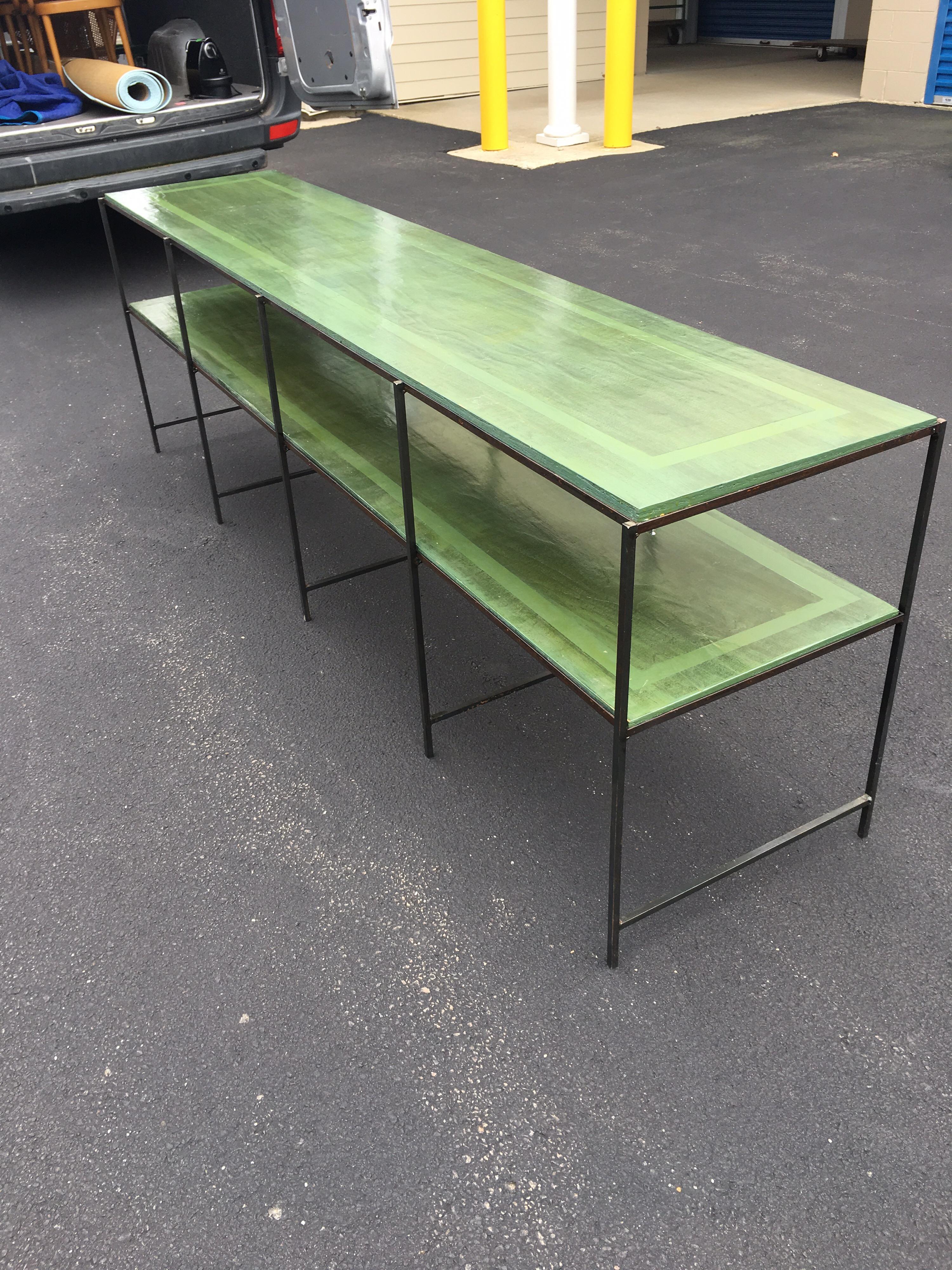 Long Custom Iron Tiered Table with Painted Green Top 5