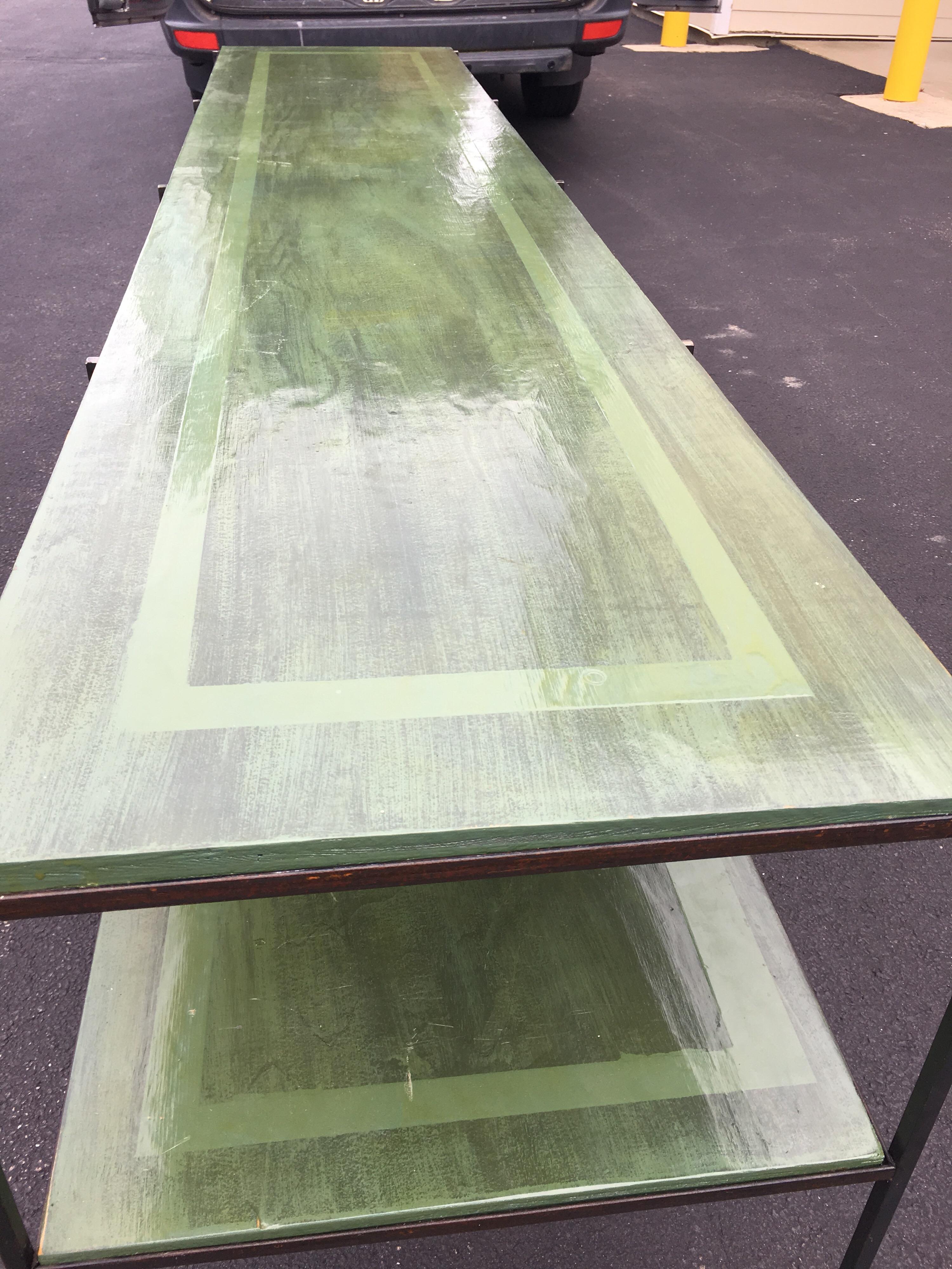 Long Custom Iron Tiered Table with Painted Green Top 7
