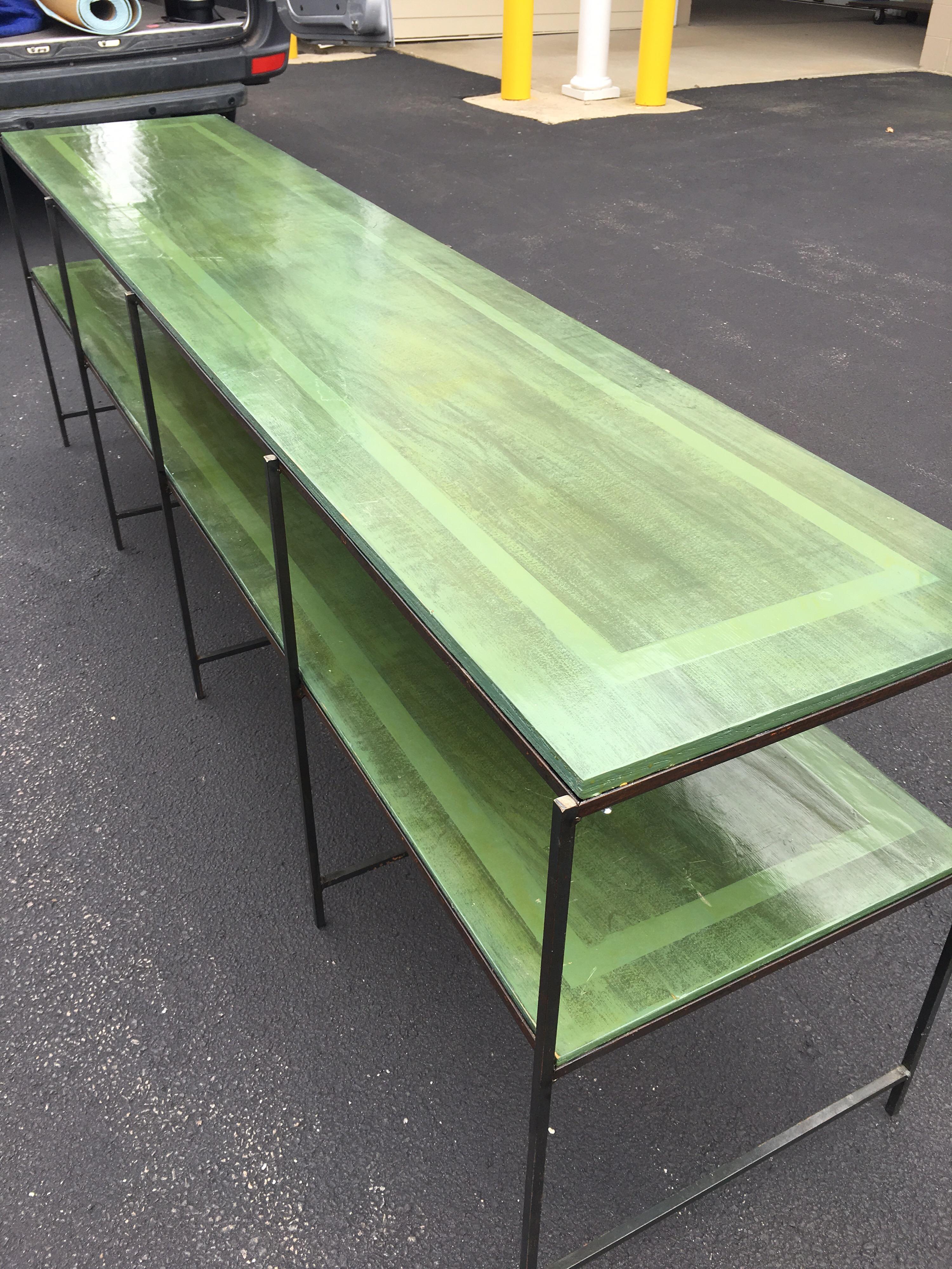 Long Custom Iron Tiered Table with Painted Green Top 8