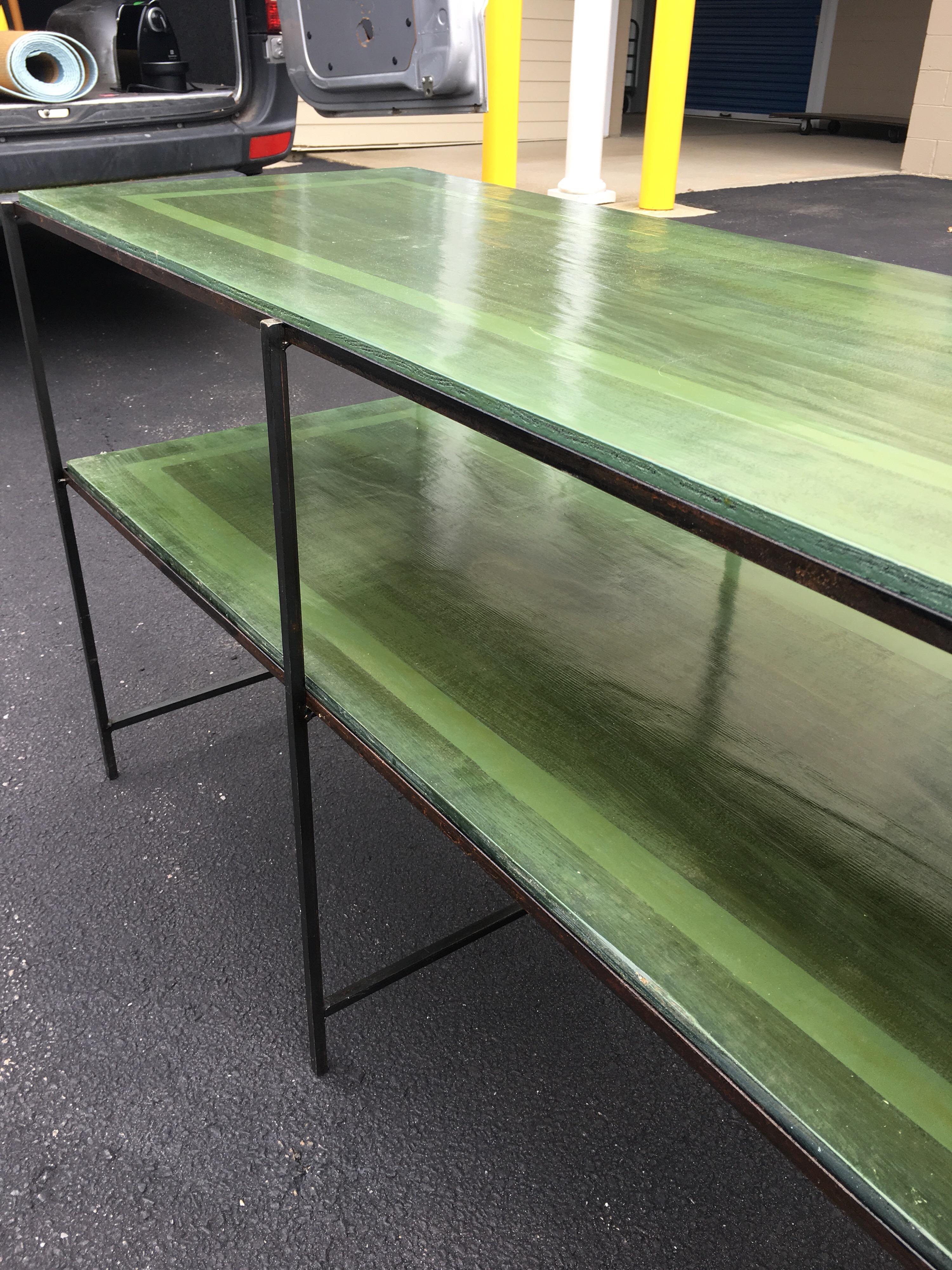 Long Custom Iron Tiered Table with Painted Green Top 9