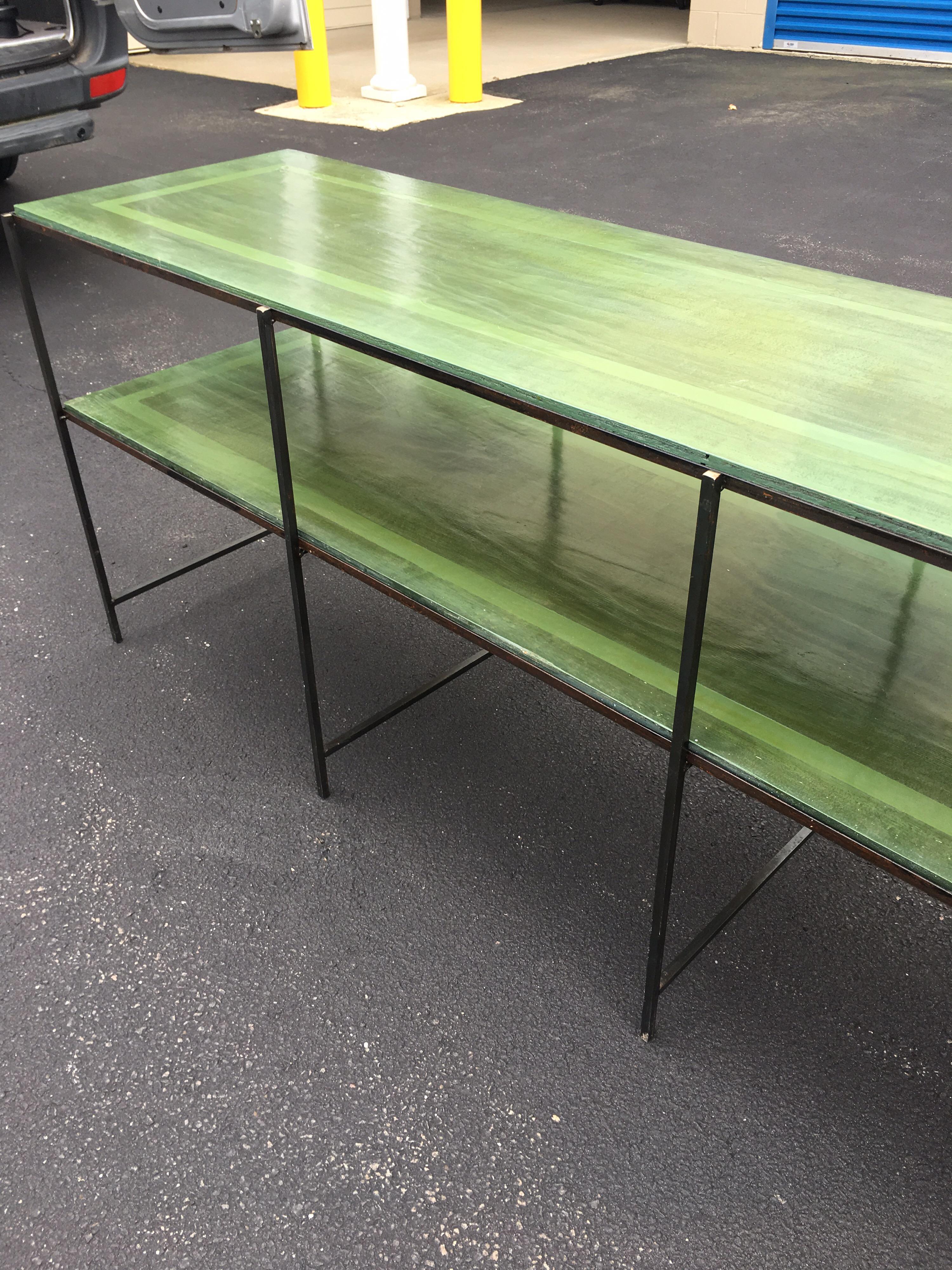 Long Custom Iron Tiered Table with Painted Green Top 10