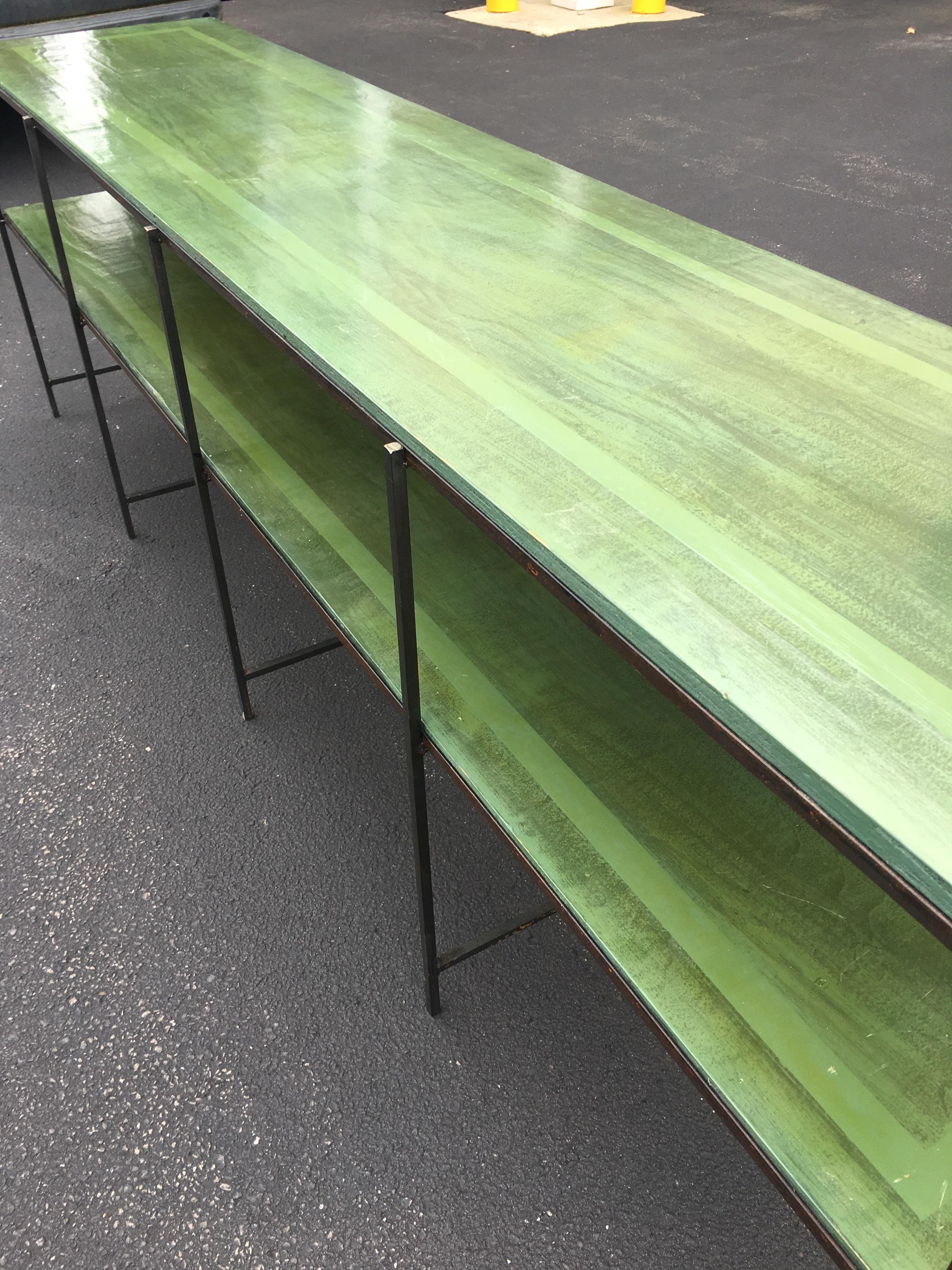 Long Custom Iron Tiered Table with Painted Green Top 11