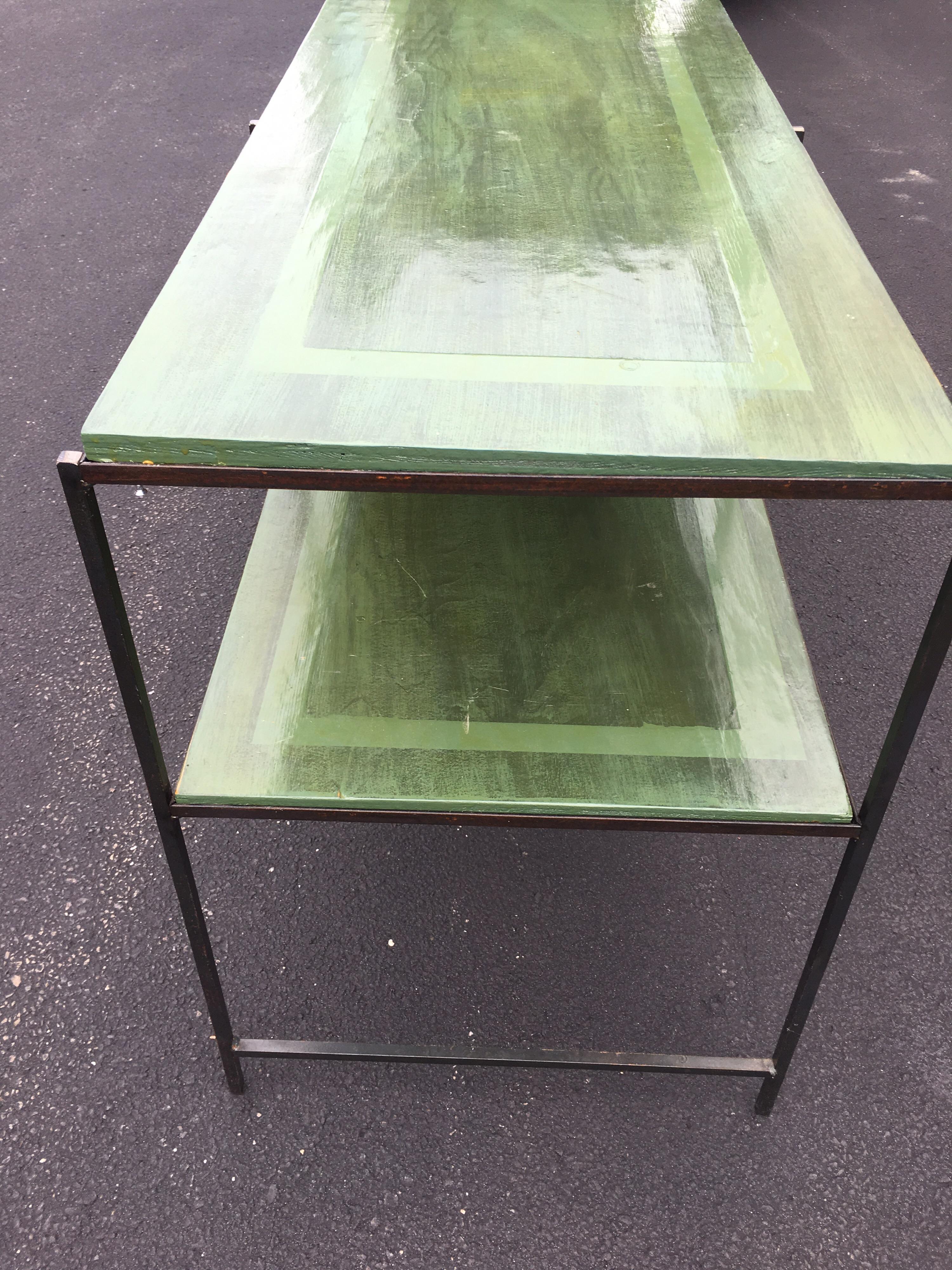 Long Custom Iron Tiered Table with Painted Green Top 12