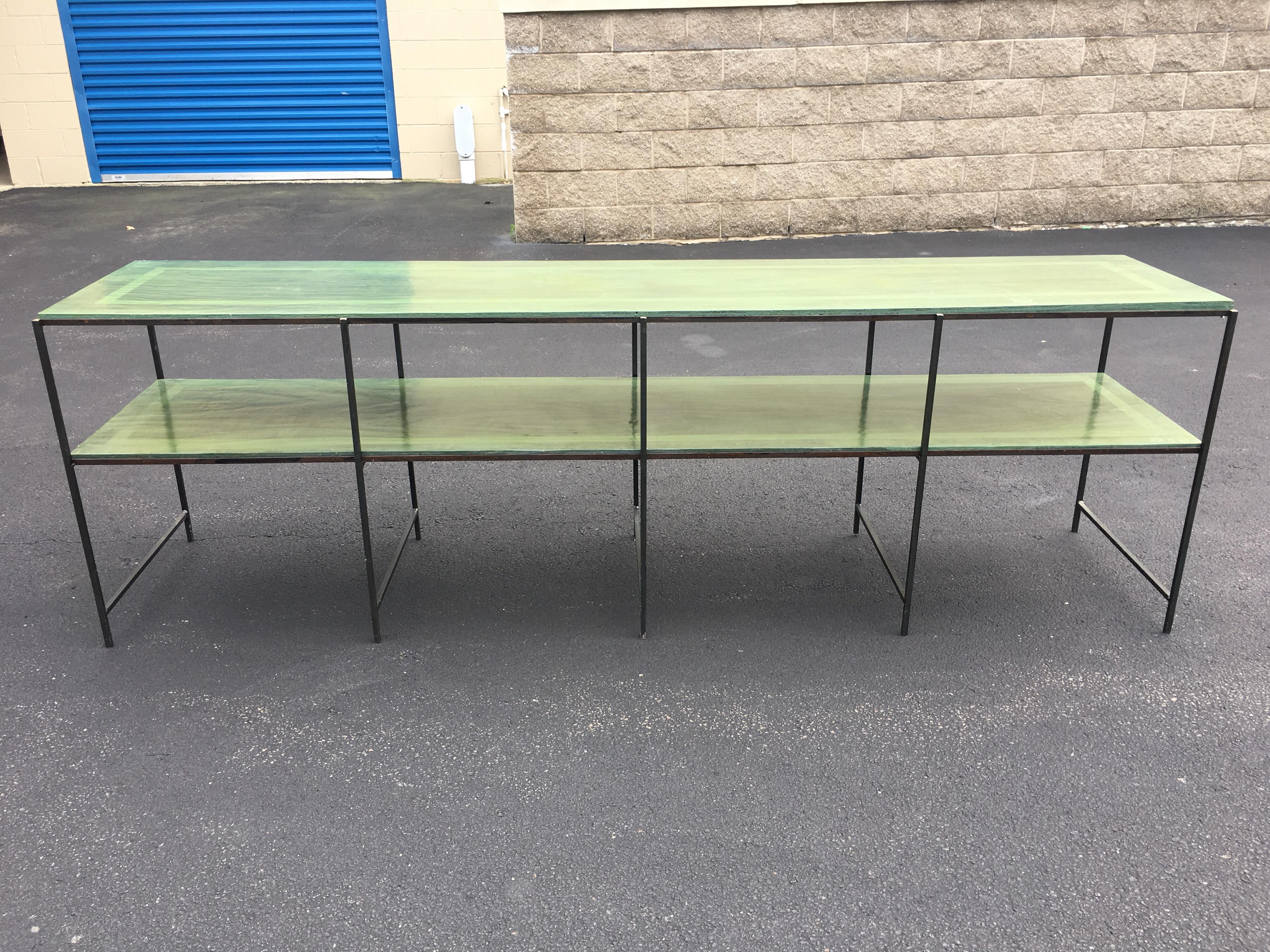 American Long Custom Iron Tiered Table with Painted Green Top