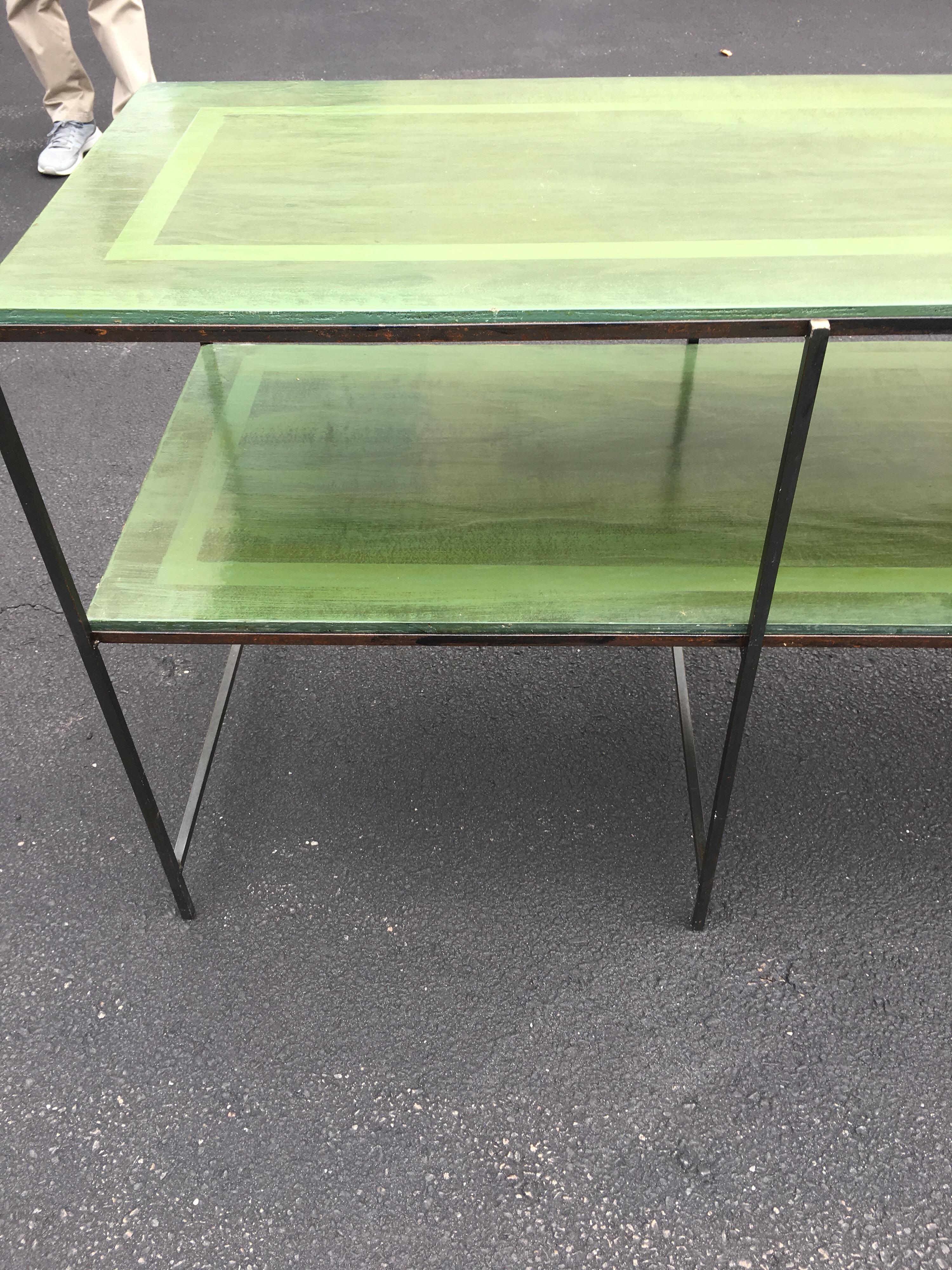 Hand-Painted Long Custom Iron Tiered Table with Painted Green Top