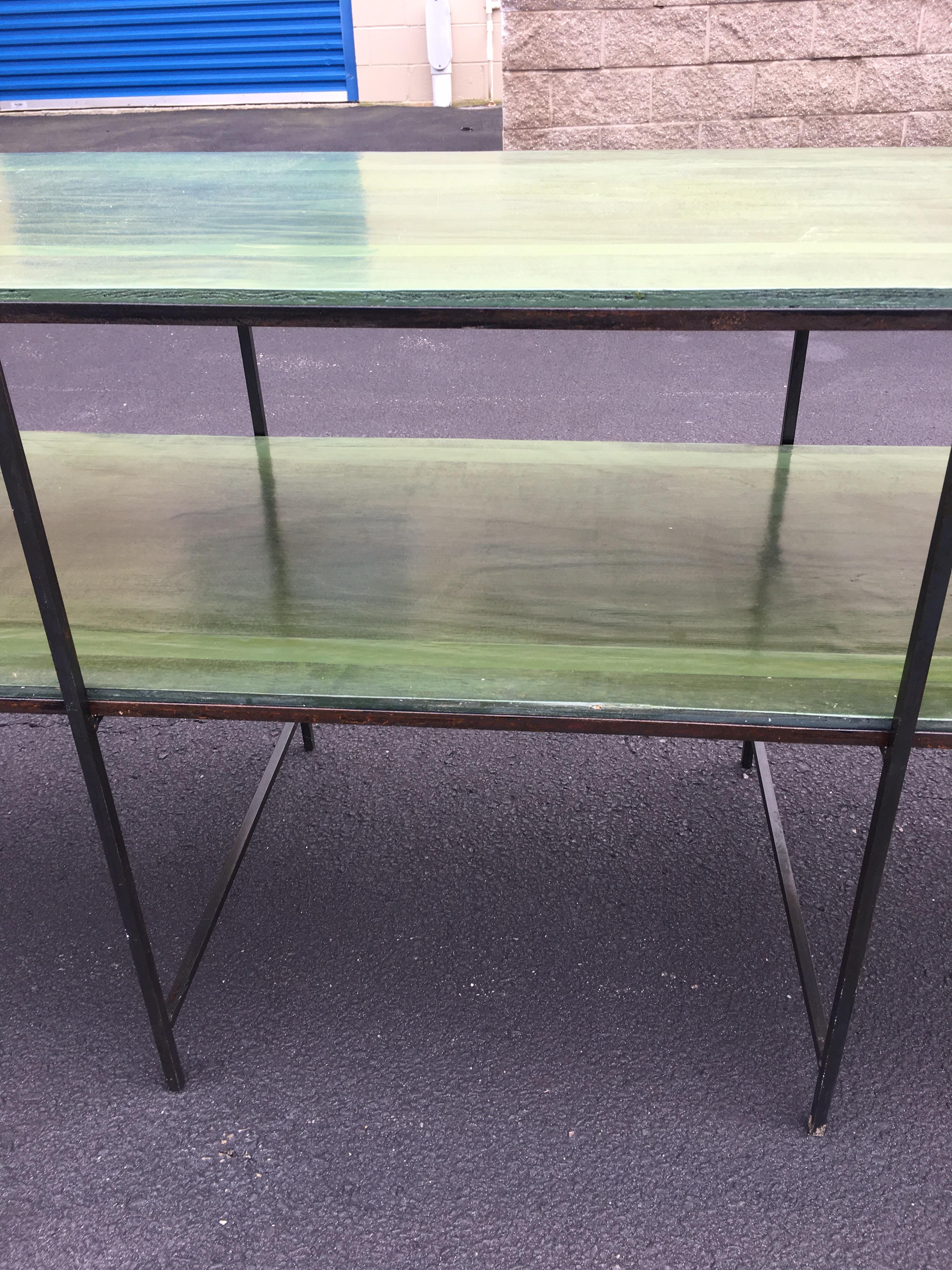 Long Custom Iron Tiered Table with Painted Green Top In Good Condition In Southampton, NY