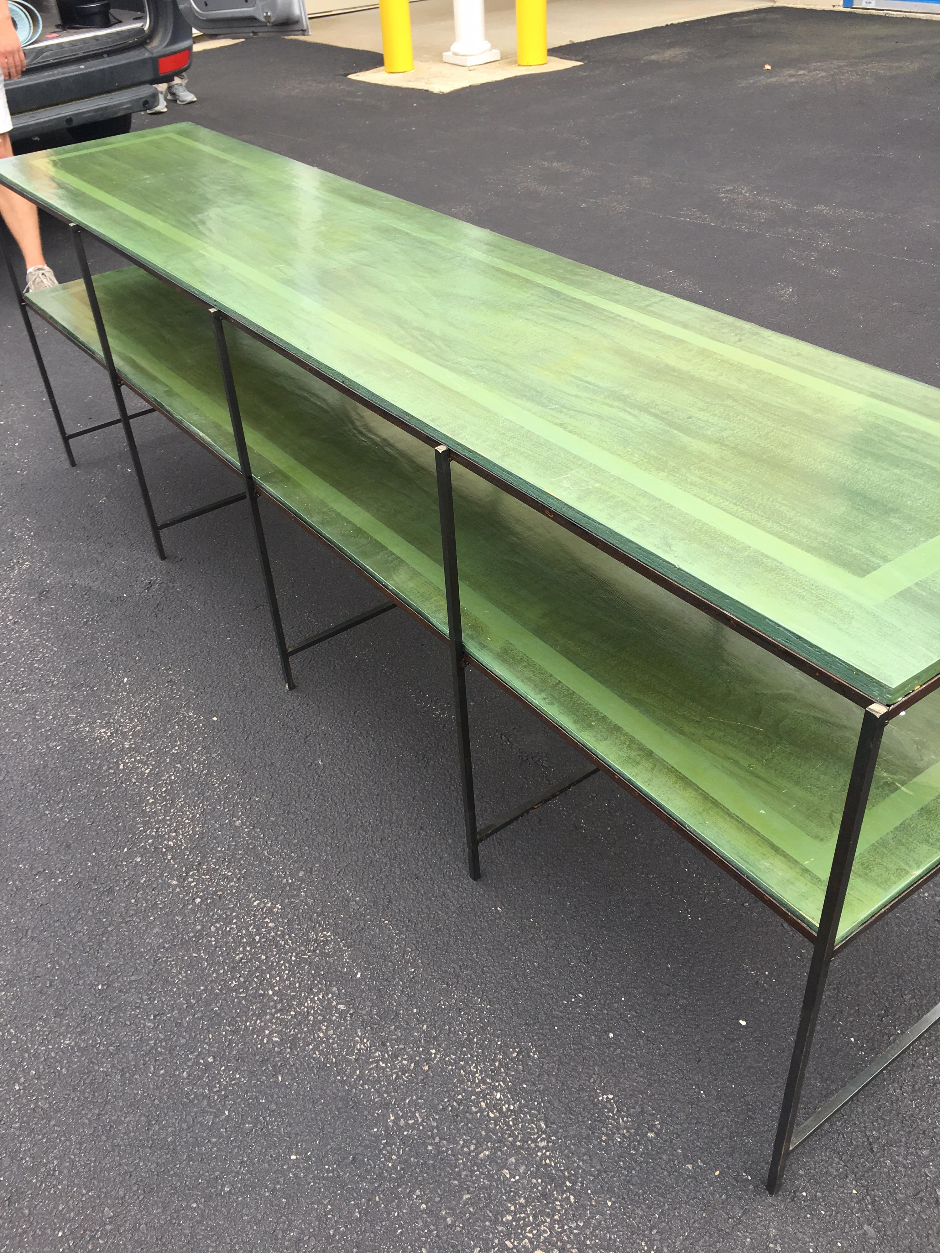 20th Century Long Custom Iron Tiered Table with Painted Green Top