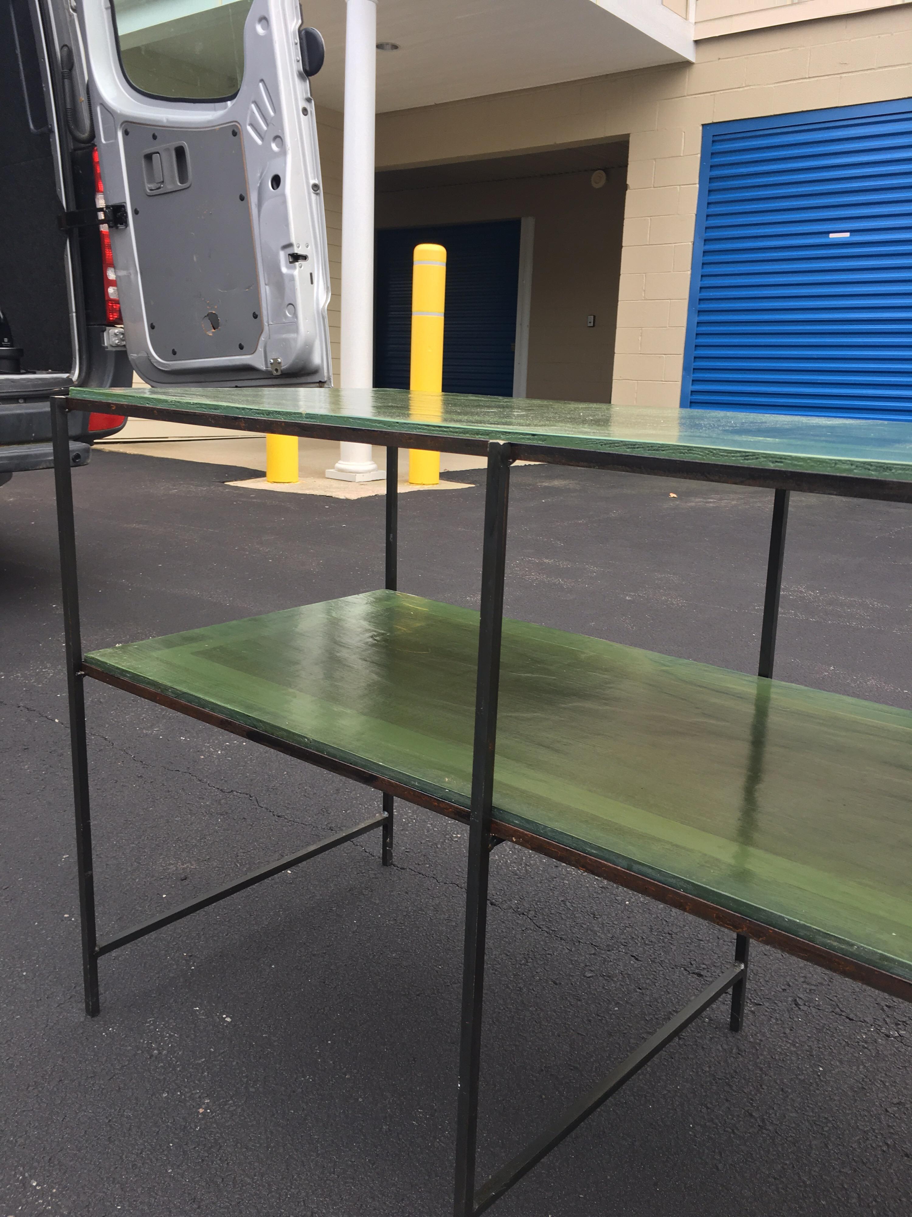 Long Custom Iron Tiered Table with Painted Green Top 1