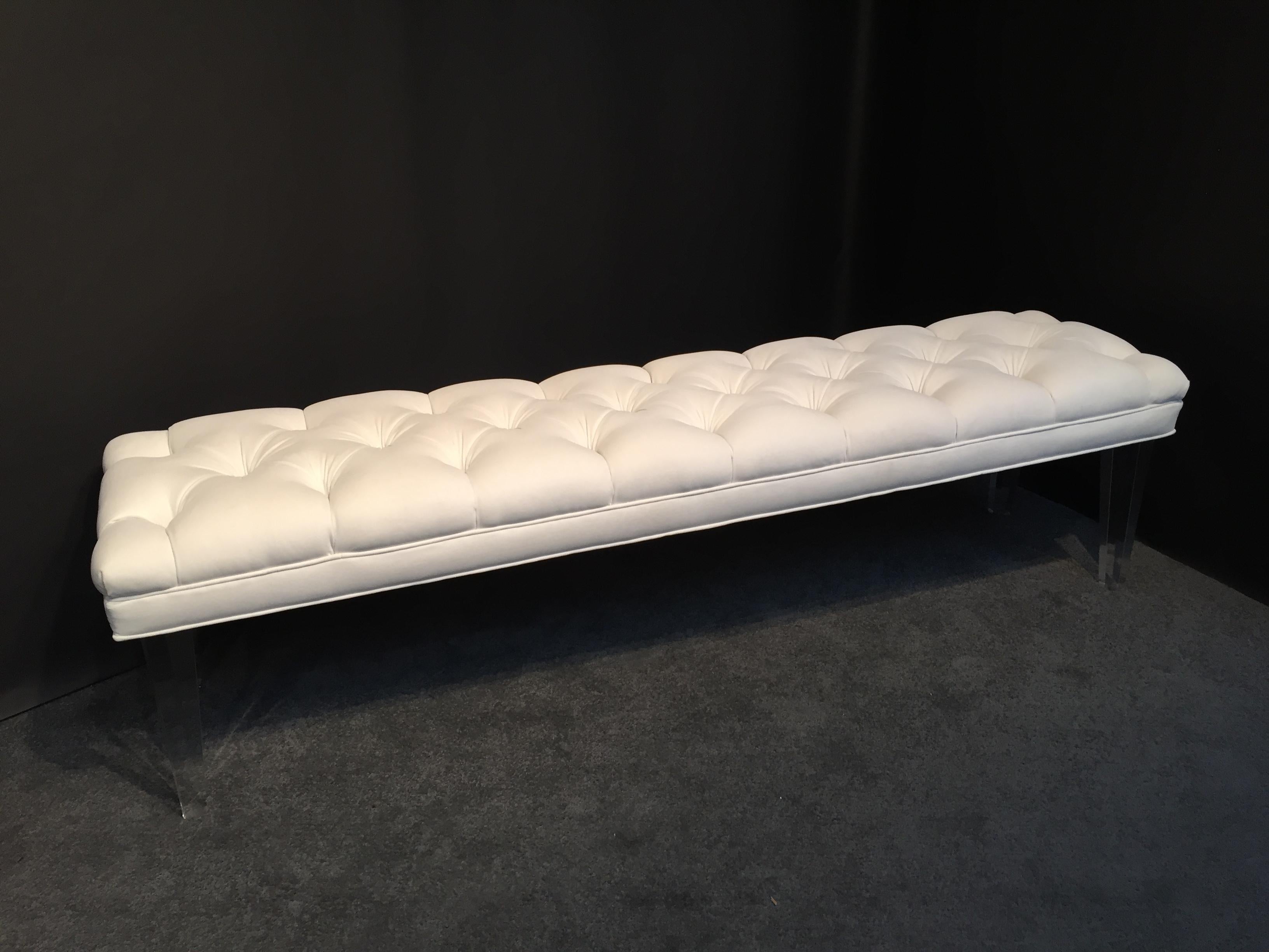 Custom extra long Lucite leg, off white ultra suede tufted quality bench for king size bed or long hallway.