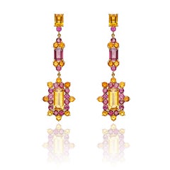 Long Dange Earrings Chandelier 18kt Yellow Gold with Red Rhodolite and Citrine