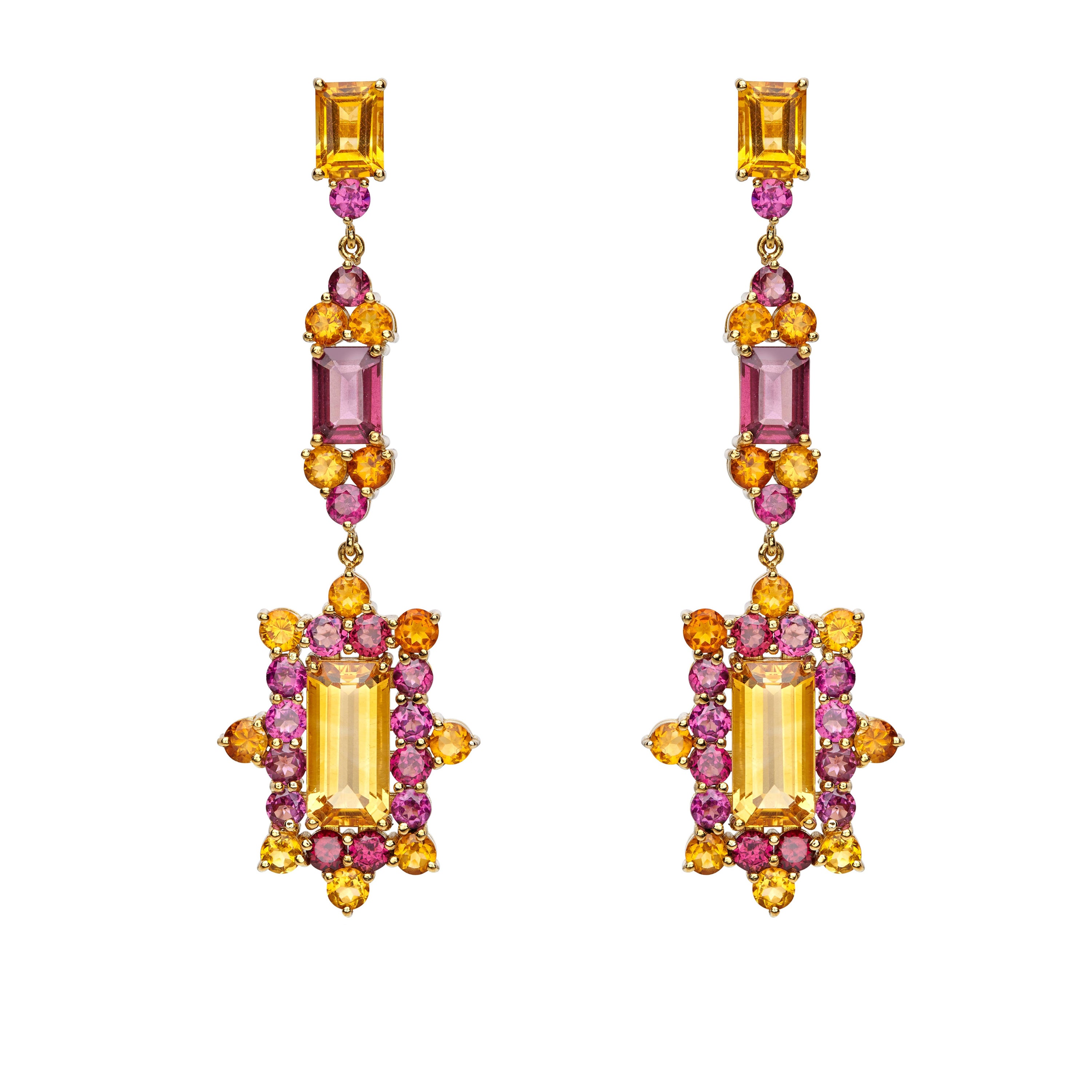 Langgehänge-Ohrringe Kronleuchter 18kt Gelbgold mit rotem Rhodolith und Citrin