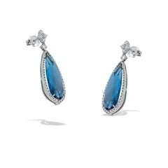 Pear London Blue Topaz and Diamond Drop long Dandle Earrings in 18k White Gold
