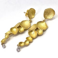 Long Dangle "Peperomia" Earrings in 18 Karat Yellow Gold with Diamond Accents