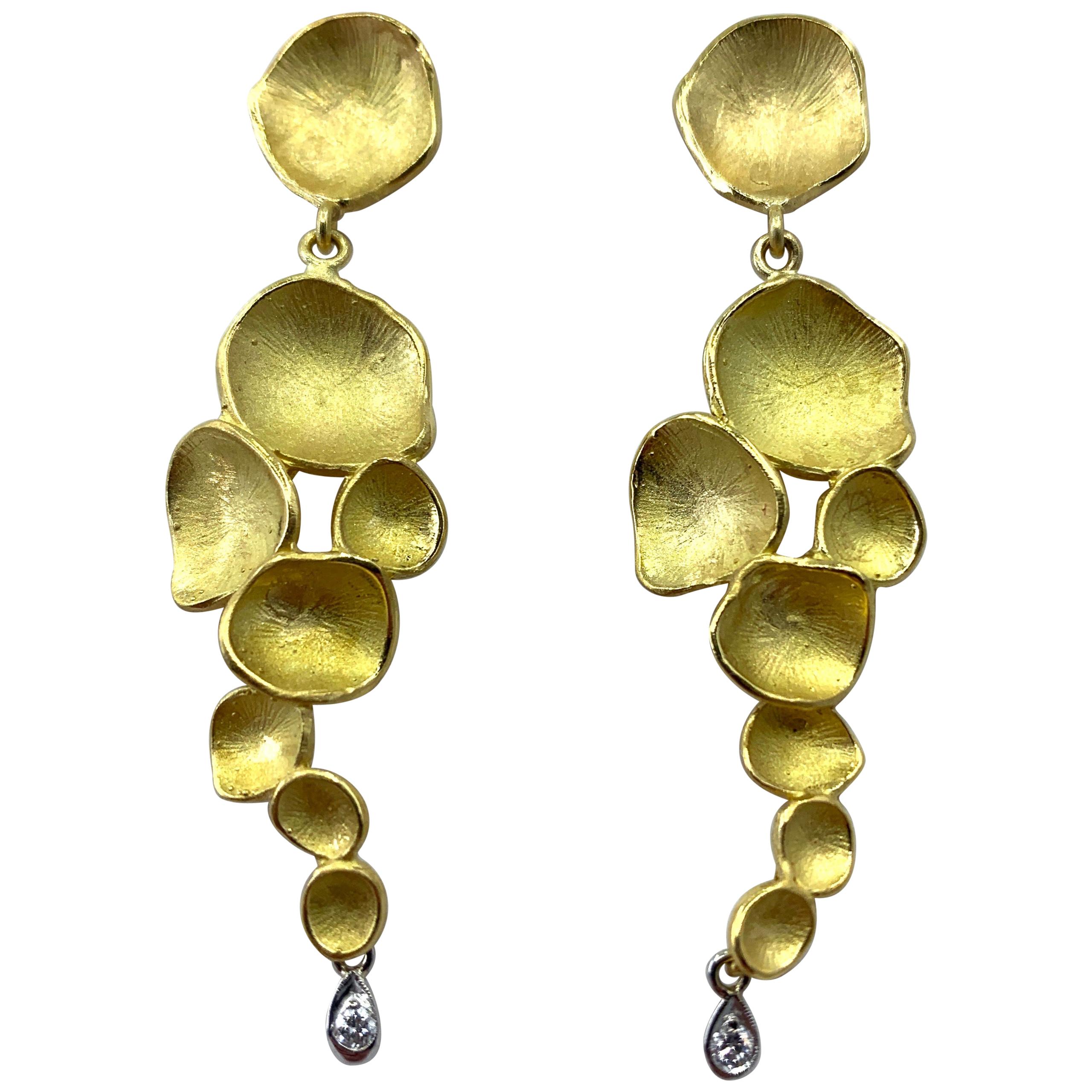 Long Dangle "Peperomia" Earrings in 18 Karat Yellow Gold with Diamond Accents