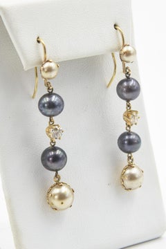 Long Dangling Diamond and Pearl Yellow Gold Earrings